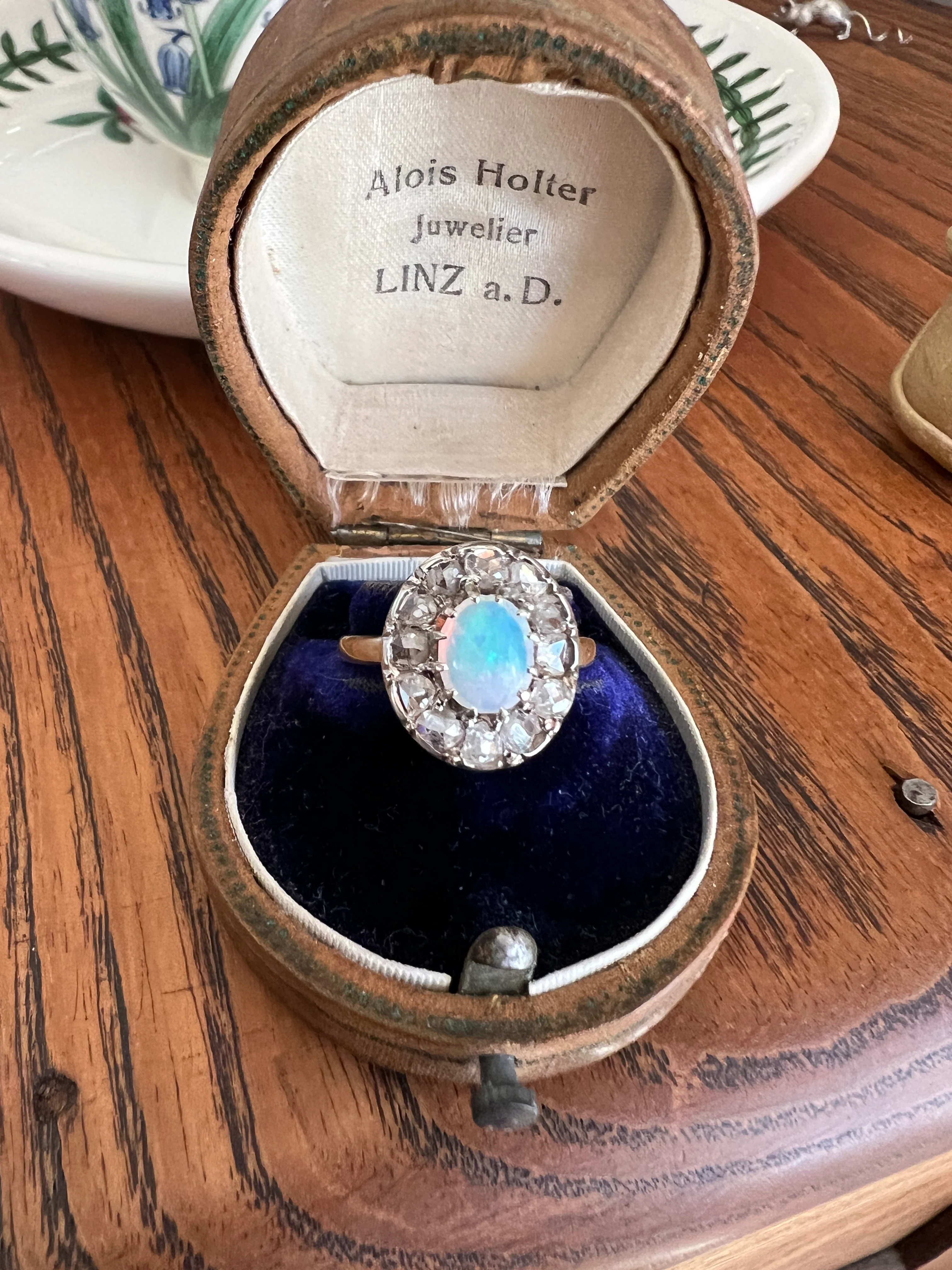 OPAL Rose Cut DIAMOND Halo Antique 18k Gold Ring Cluster Iridescent Blue Green Stacker - Image 14