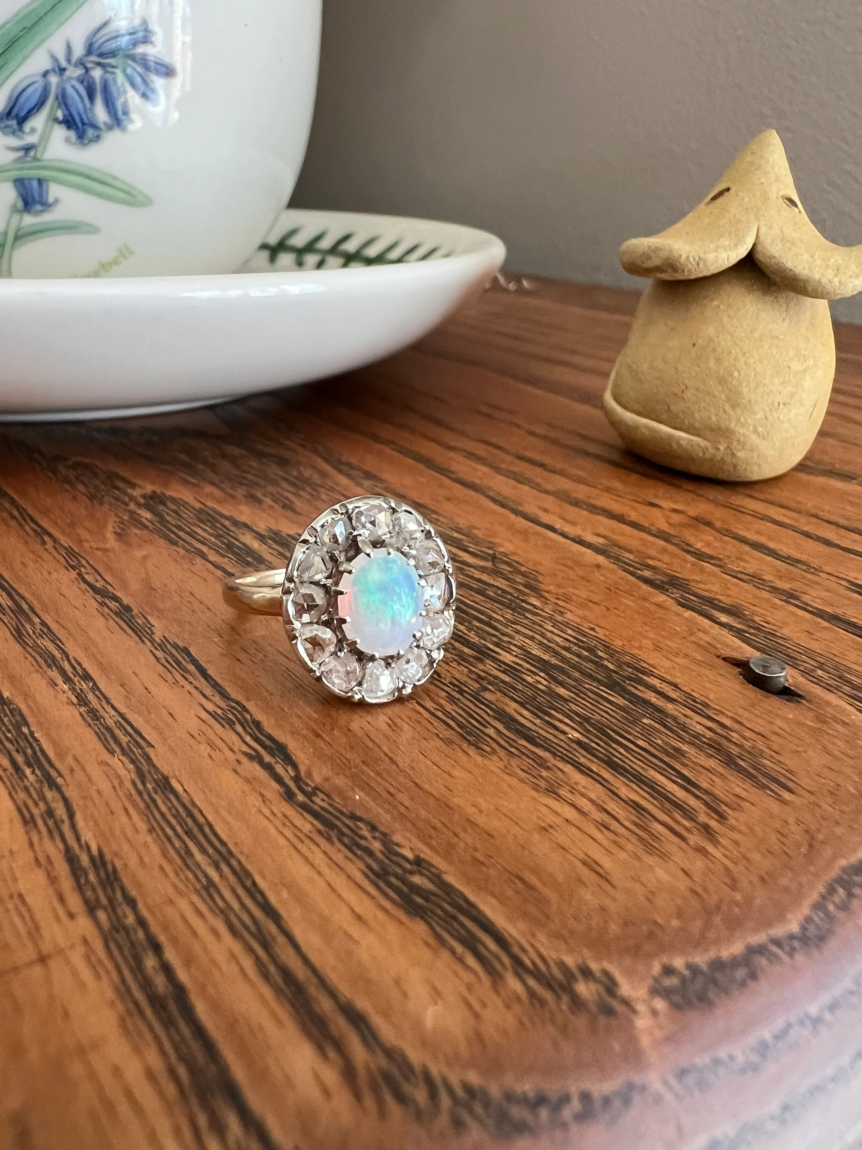 OPAL Rose Cut DIAMOND Halo Antique 18k Gold Ring Cluster Iridescent Blue Green Stacker - Image 16