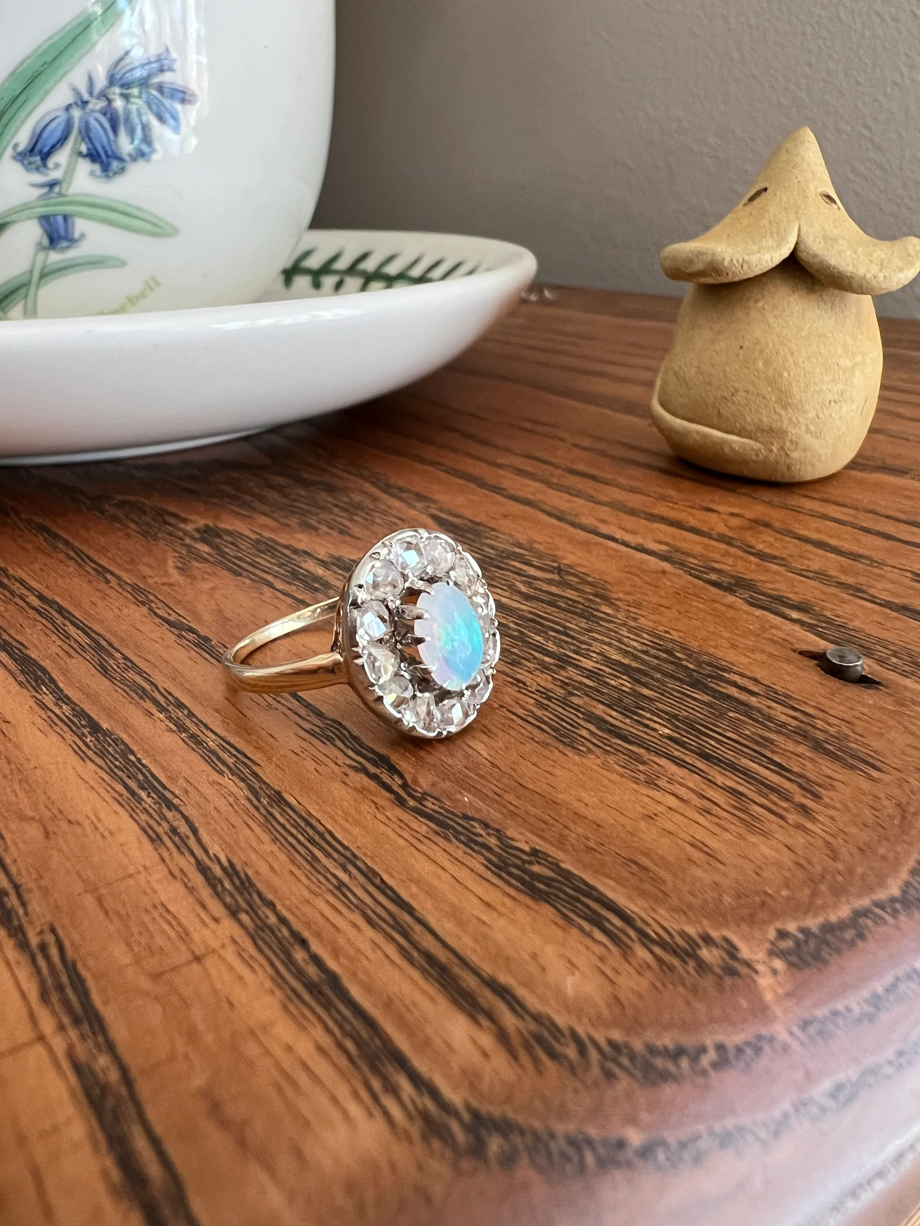 OPAL Rose Cut DIAMOND Halo Antique 18k Gold Ring Cluster Iridescent Blue Green Stacker - Image 18