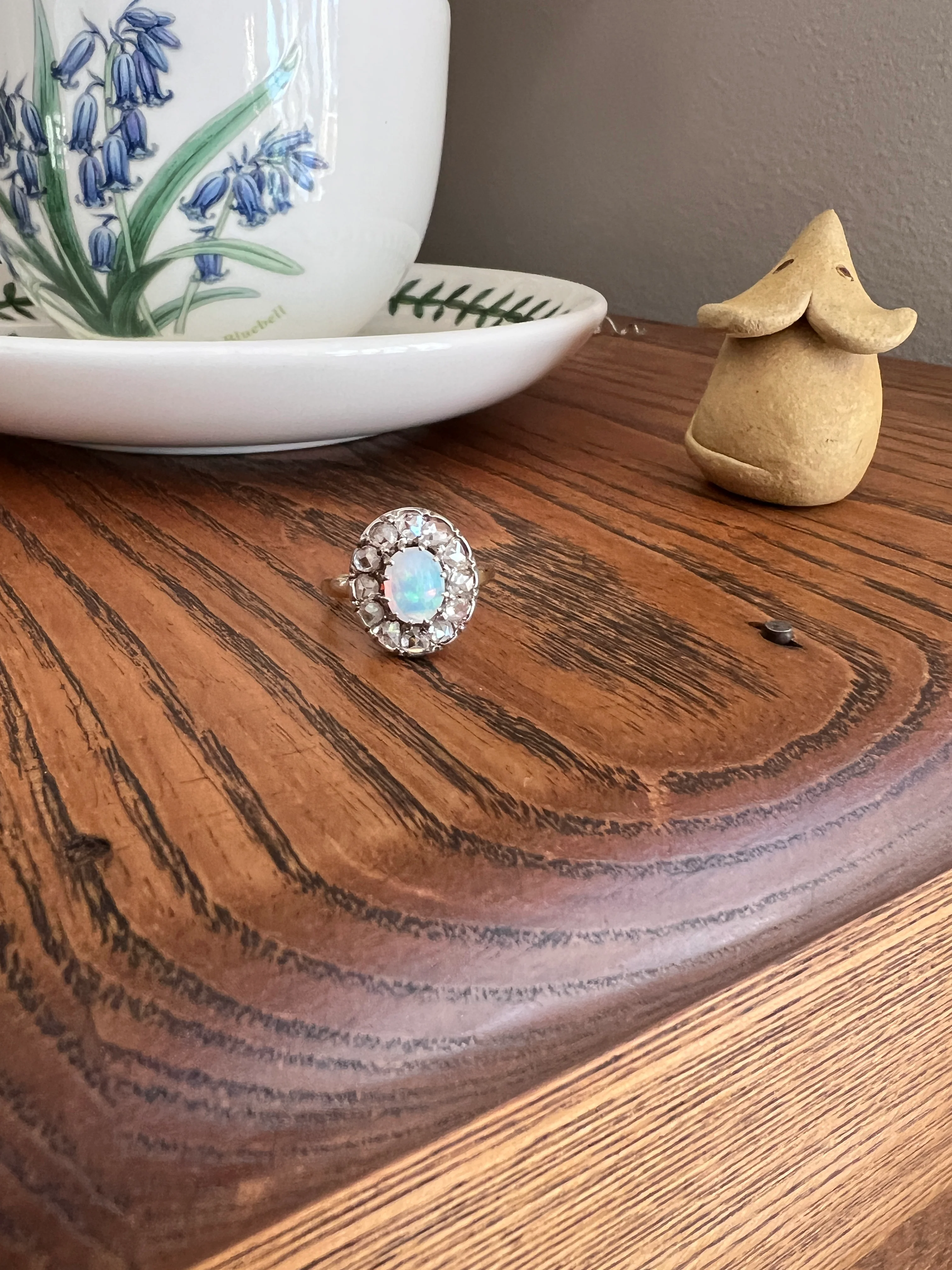 OPAL Rose Cut DIAMOND Halo Antique 18k Gold Ring Cluster Iridescent Blue Green Stacker - Image 19
