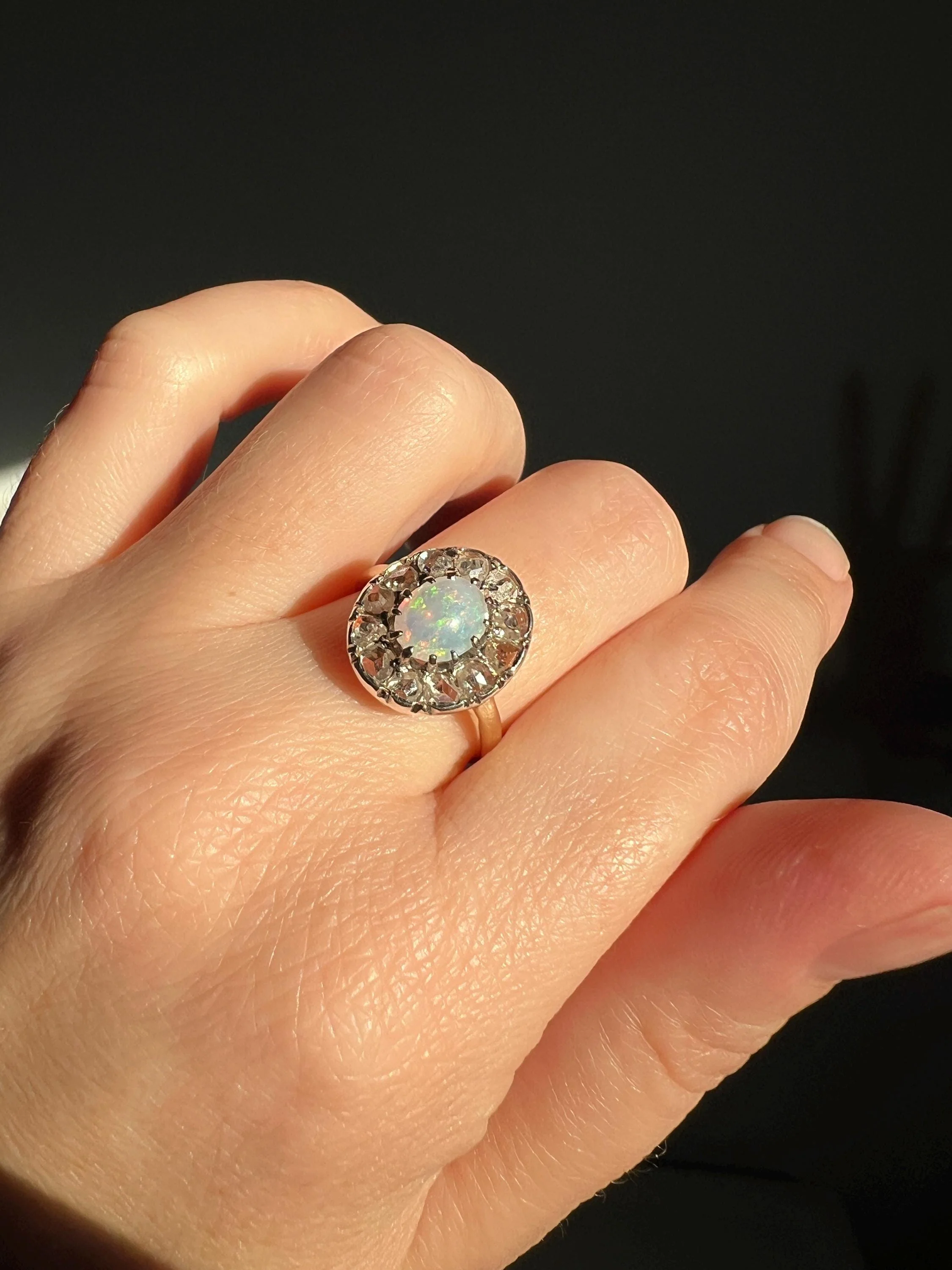 OPAL Rose Cut DIAMOND Halo Antique 18k Gold Ring Cluster Iridescent Blue Green Stacker - Image 2