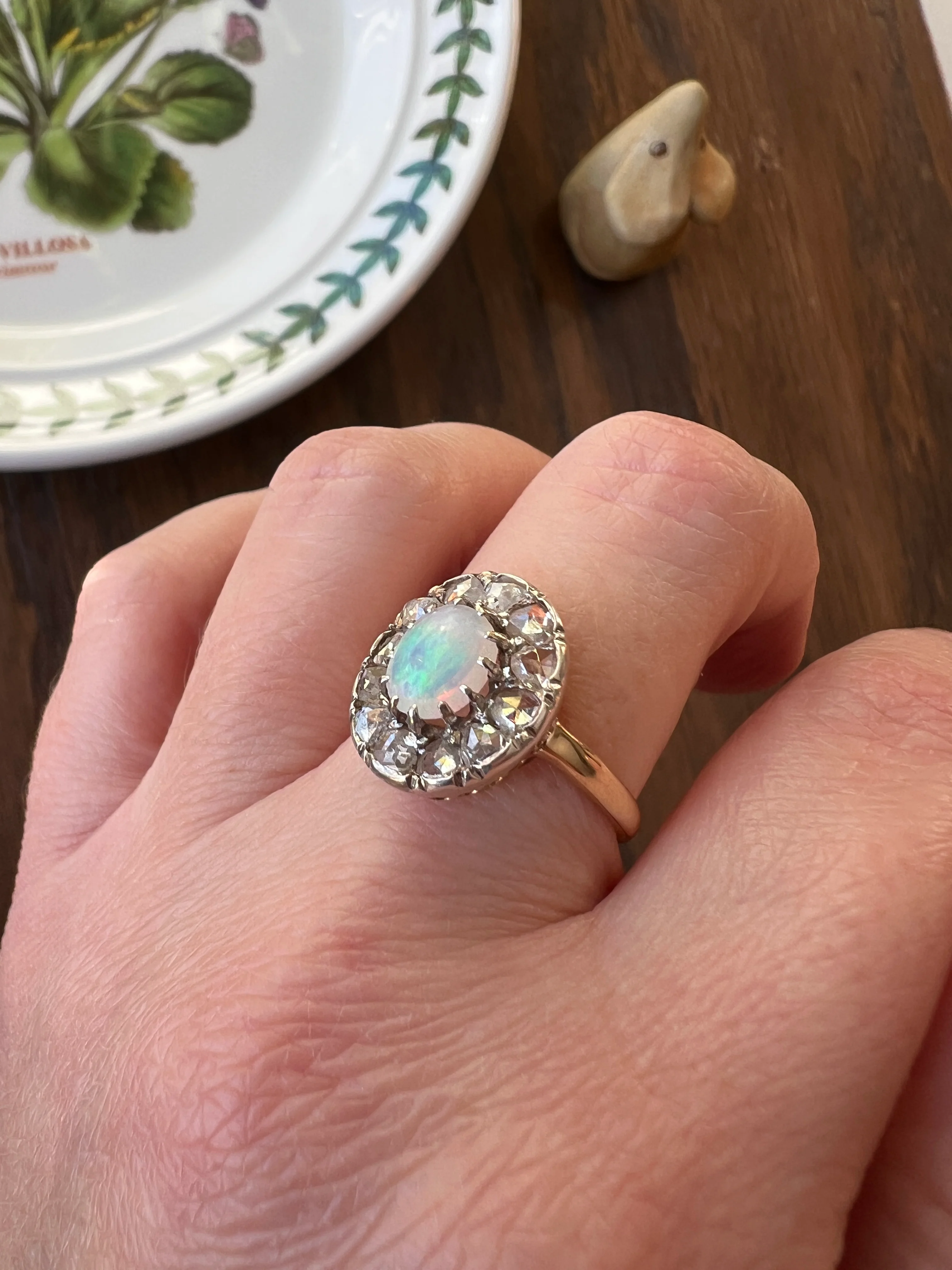 OPAL Rose Cut DIAMOND Halo Antique 18k Gold Ring Cluster Iridescent Blue Green Stacker - Image 20