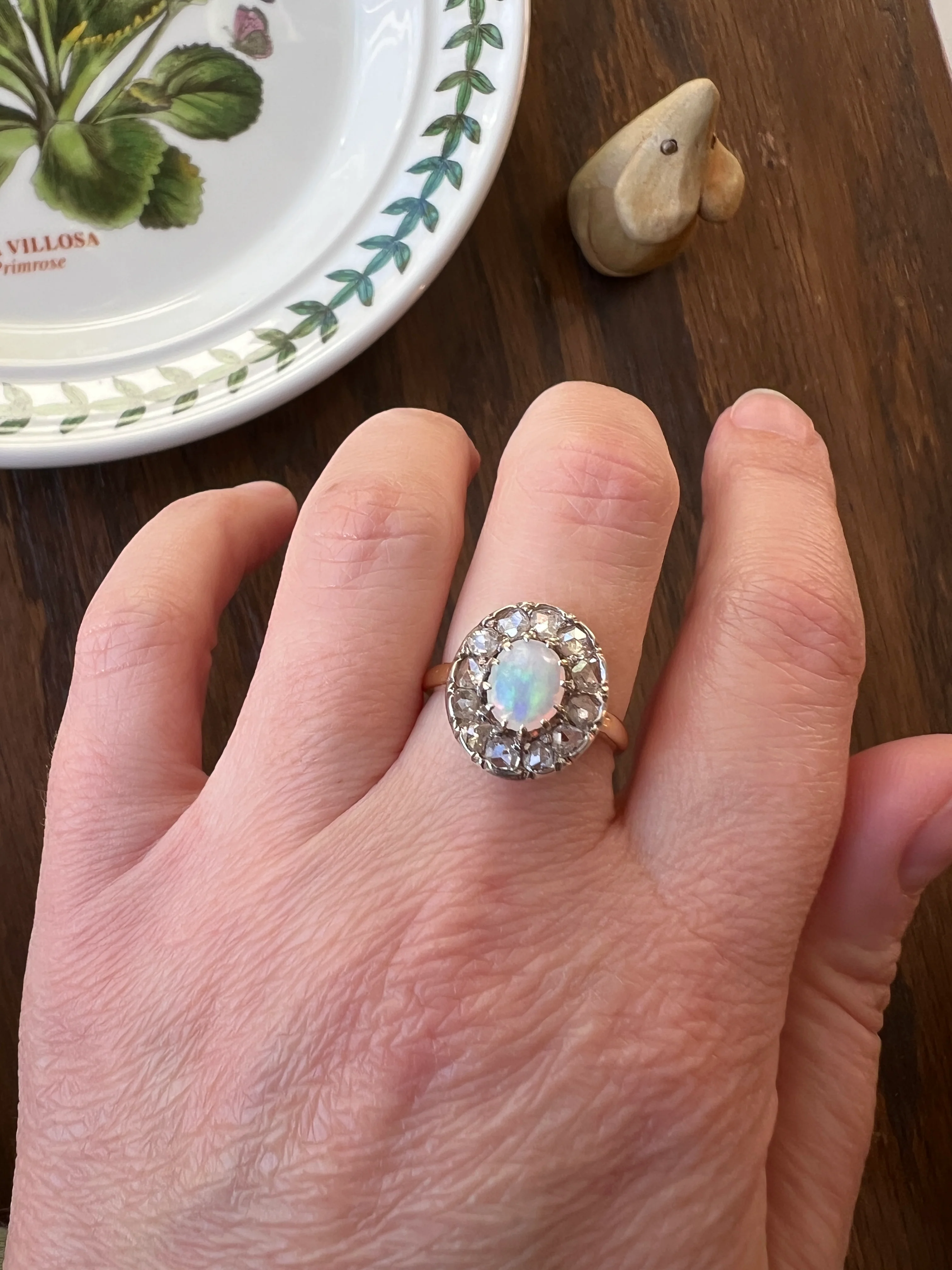 OPAL Rose Cut DIAMOND Halo Antique 18k Gold Ring Cluster Iridescent Blue Green Stacker - Image 21