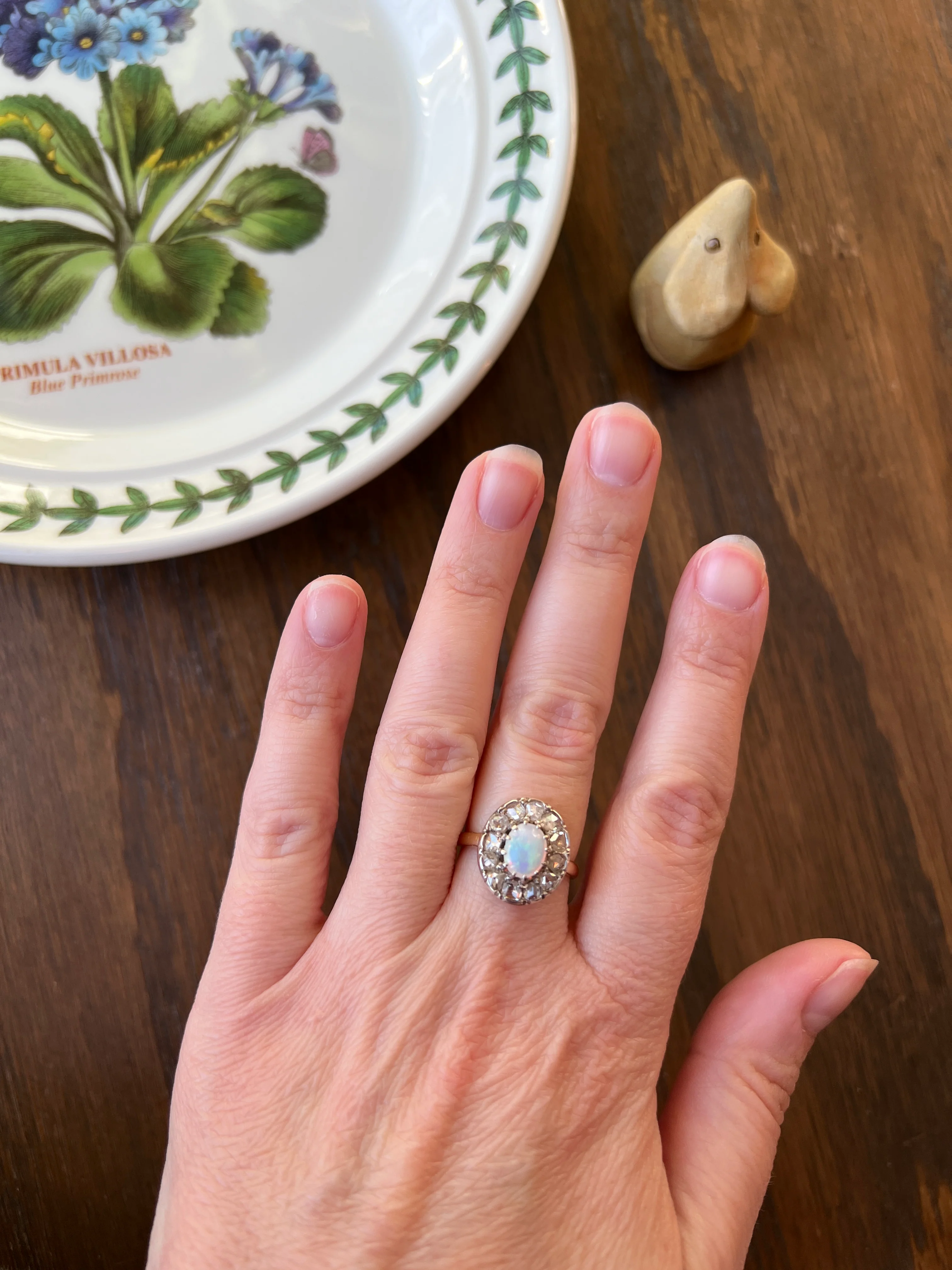 OPAL Rose Cut DIAMOND Halo Antique 18k Gold Ring Cluster Iridescent Blue Green Stacker - Image 22