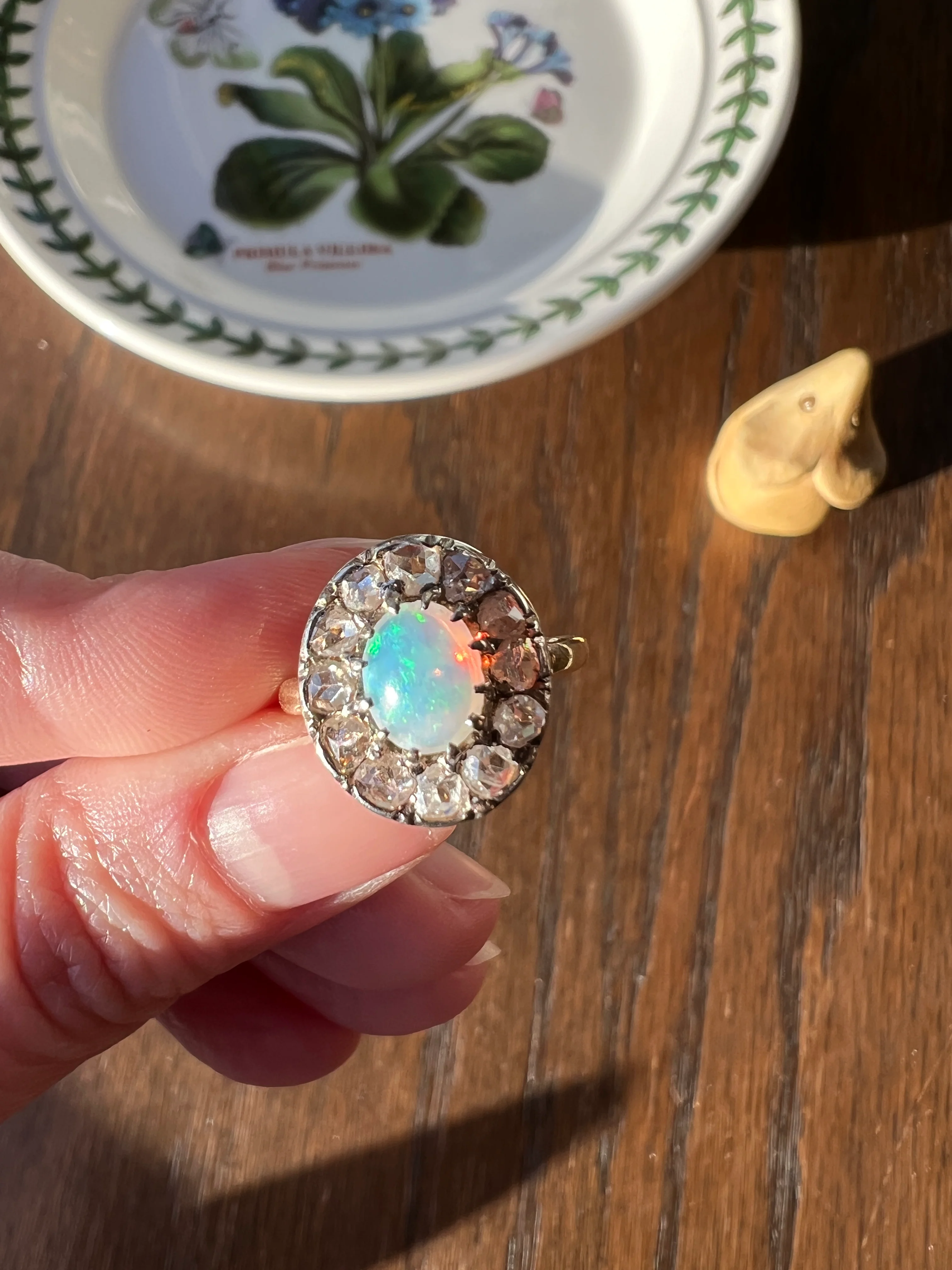 OPAL Rose Cut DIAMOND Halo Antique 18k Gold Ring Cluster Iridescent Blue Green Stacker - Image 23