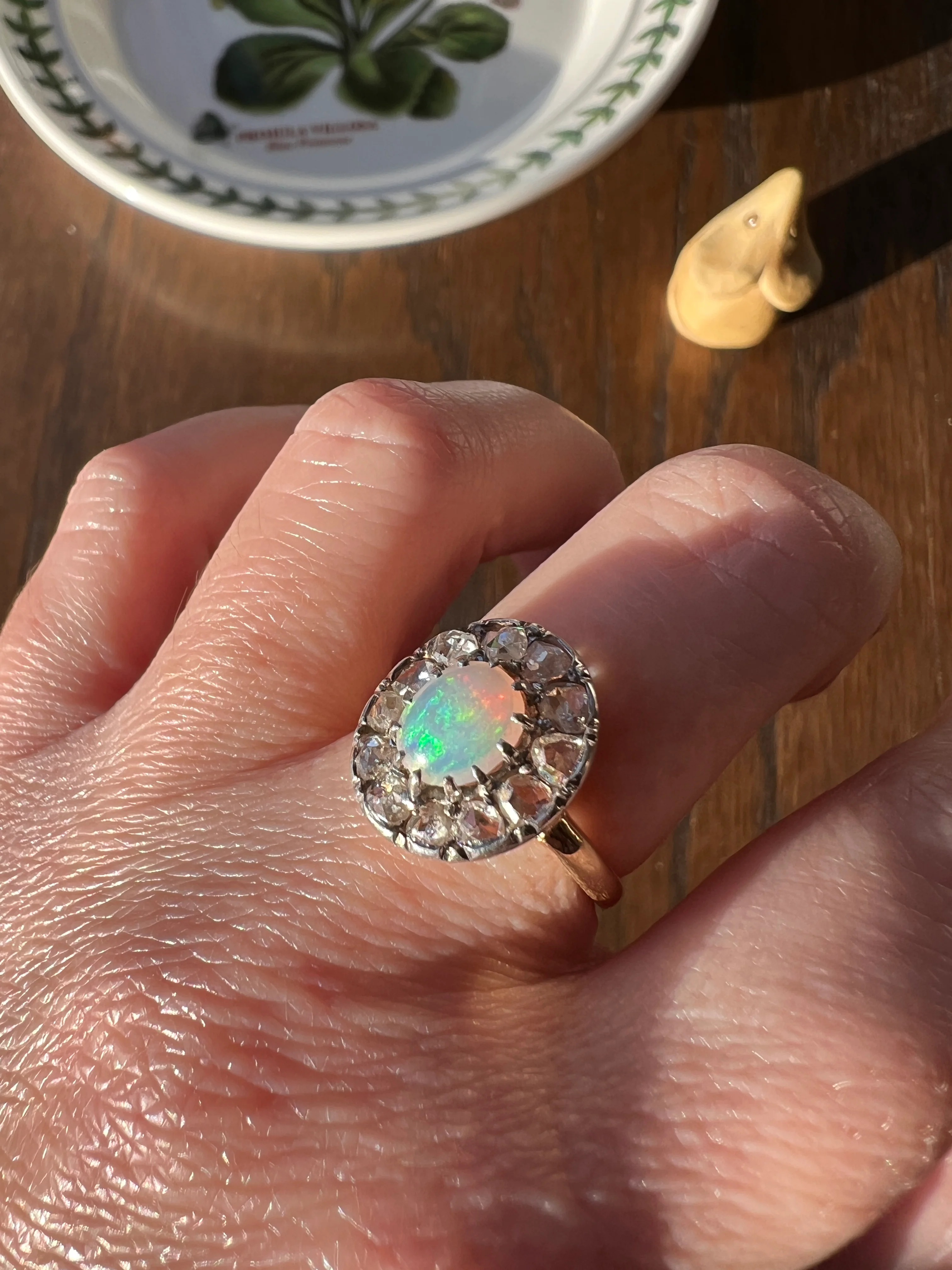 OPAL Rose Cut DIAMOND Halo Antique 18k Gold Ring Cluster Iridescent Blue Green Stacker - Image 24