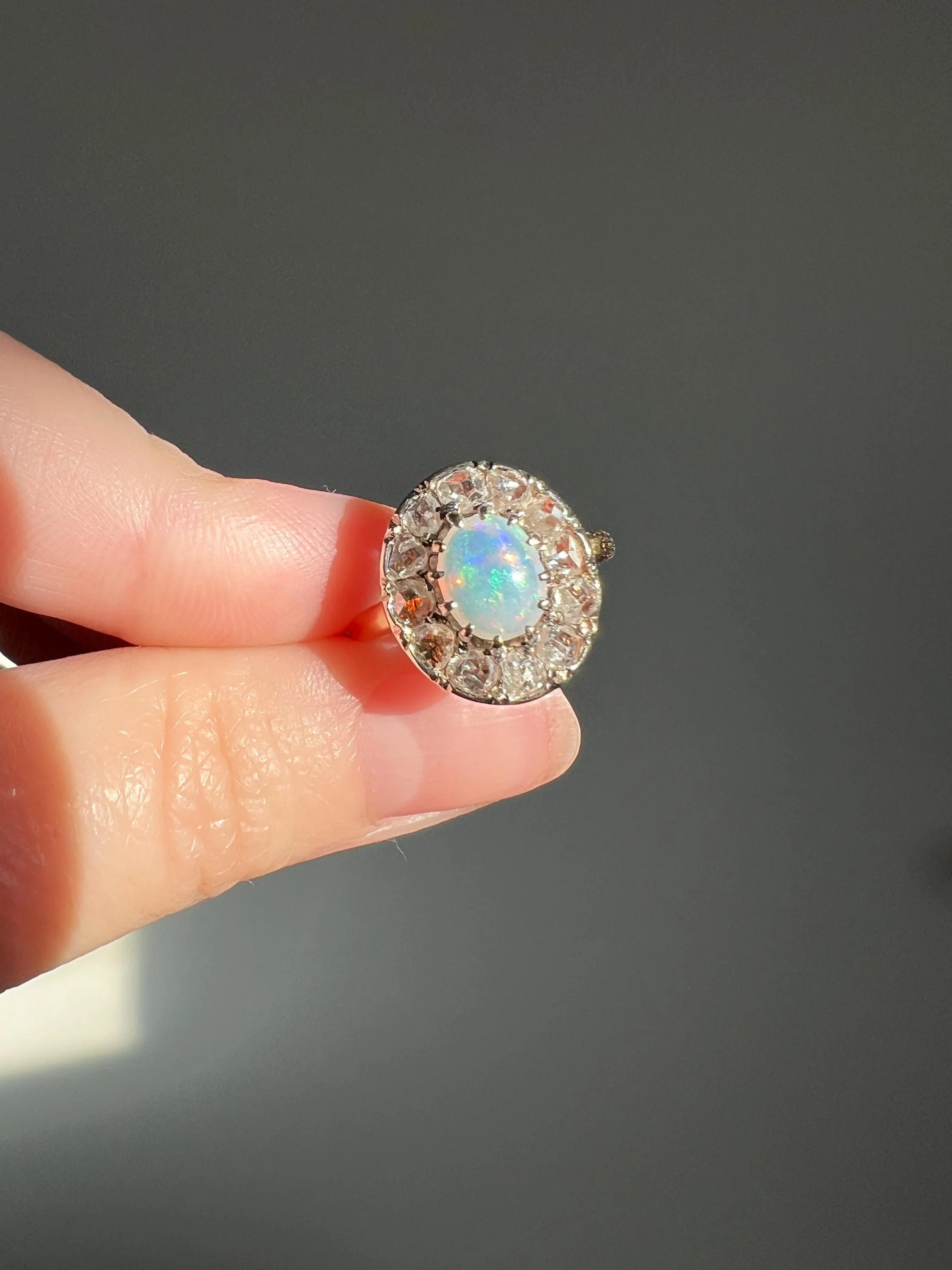 OPAL Rose Cut DIAMOND Halo Antique 18k Gold Ring Cluster Iridescent Blue Green Stacker - Image 3