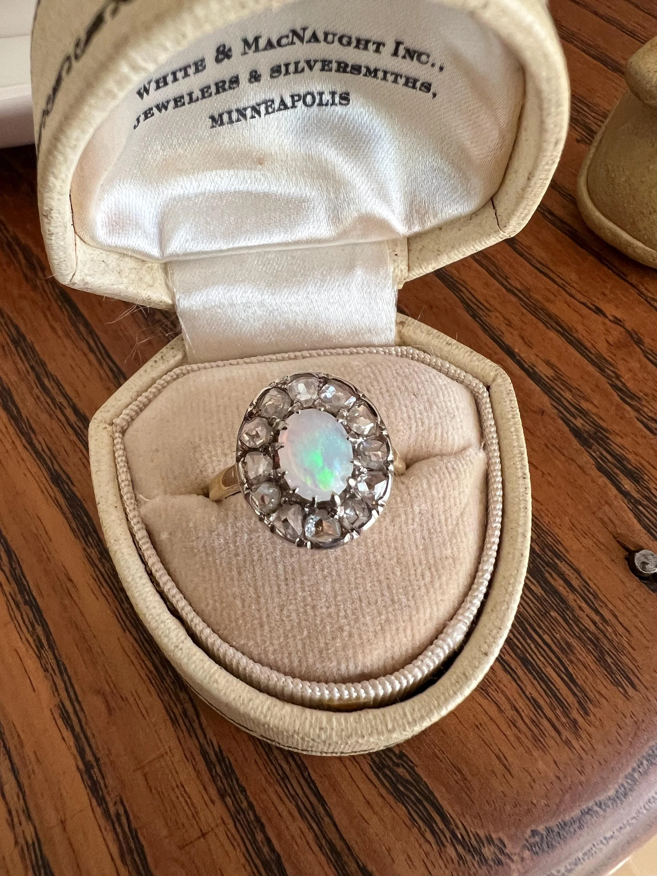 OPAL Rose Cut DIAMOND Halo Antique 18k Gold Ring Cluster Iridescent Blue Green Stacker - Image 5
