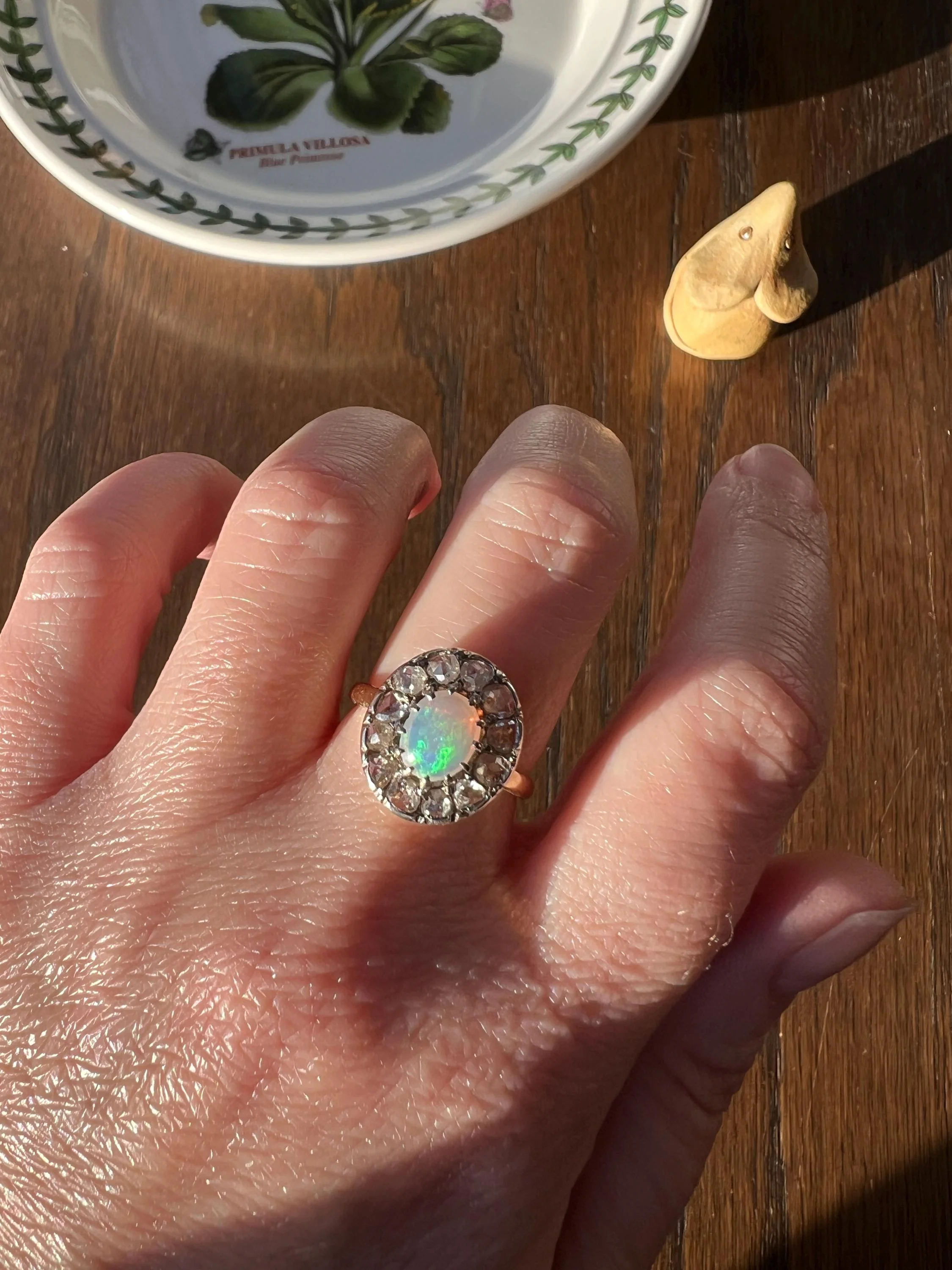 OPAL Rose Cut DIAMOND Halo Antique 18k Gold Ring Cluster Iridescent Blue Green Stacker - Image 7