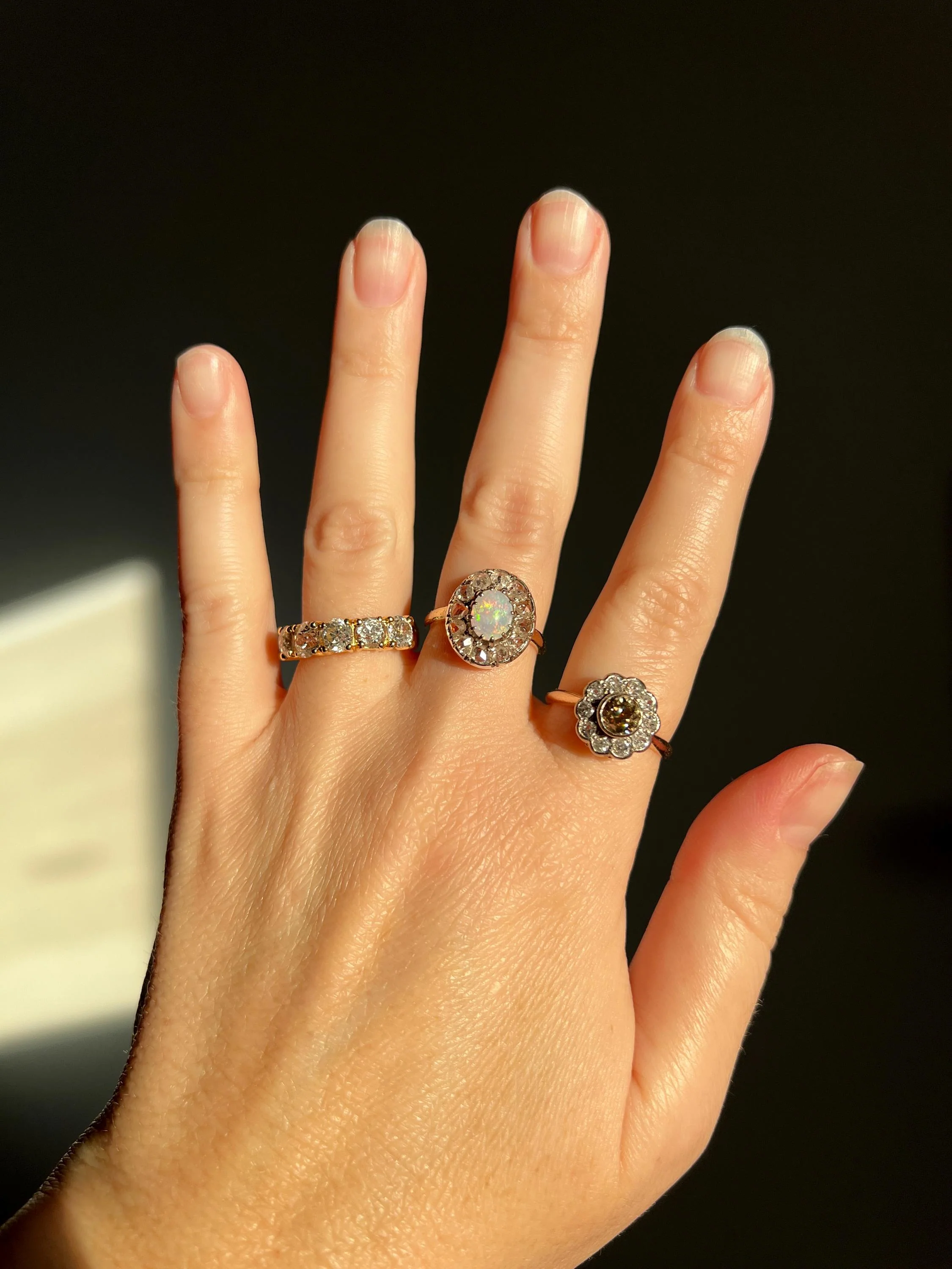 OPAL Rose Cut DIAMOND Halo Antique 18k Gold Ring Cluster Iridescent Blue Green Stacker - Image 8