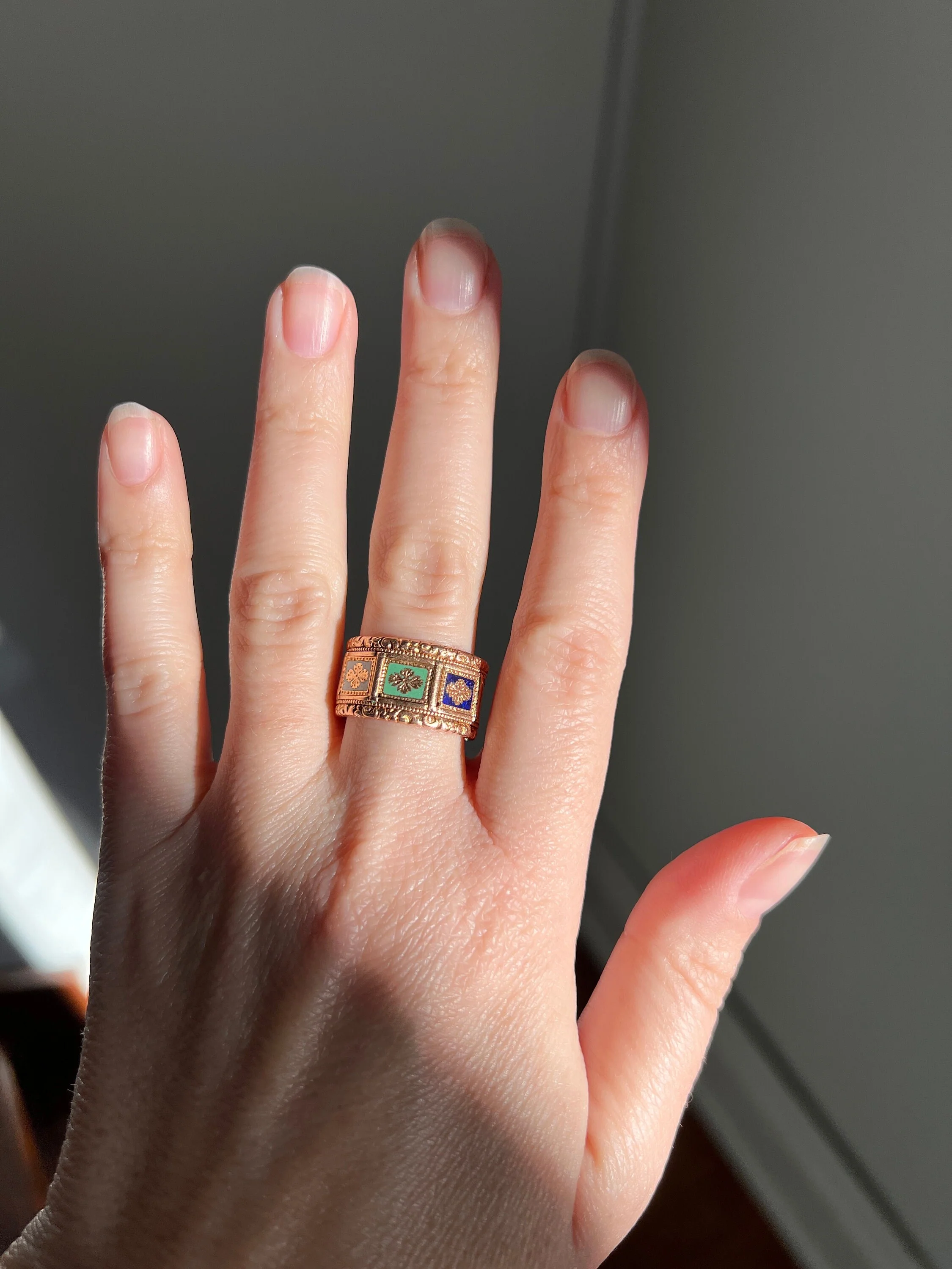 OPENING Panels GEORGIAN Antique Ring Heavy 9.2g 18k Gold Wide Band RARE Multi Colorful Enamel - Image 6