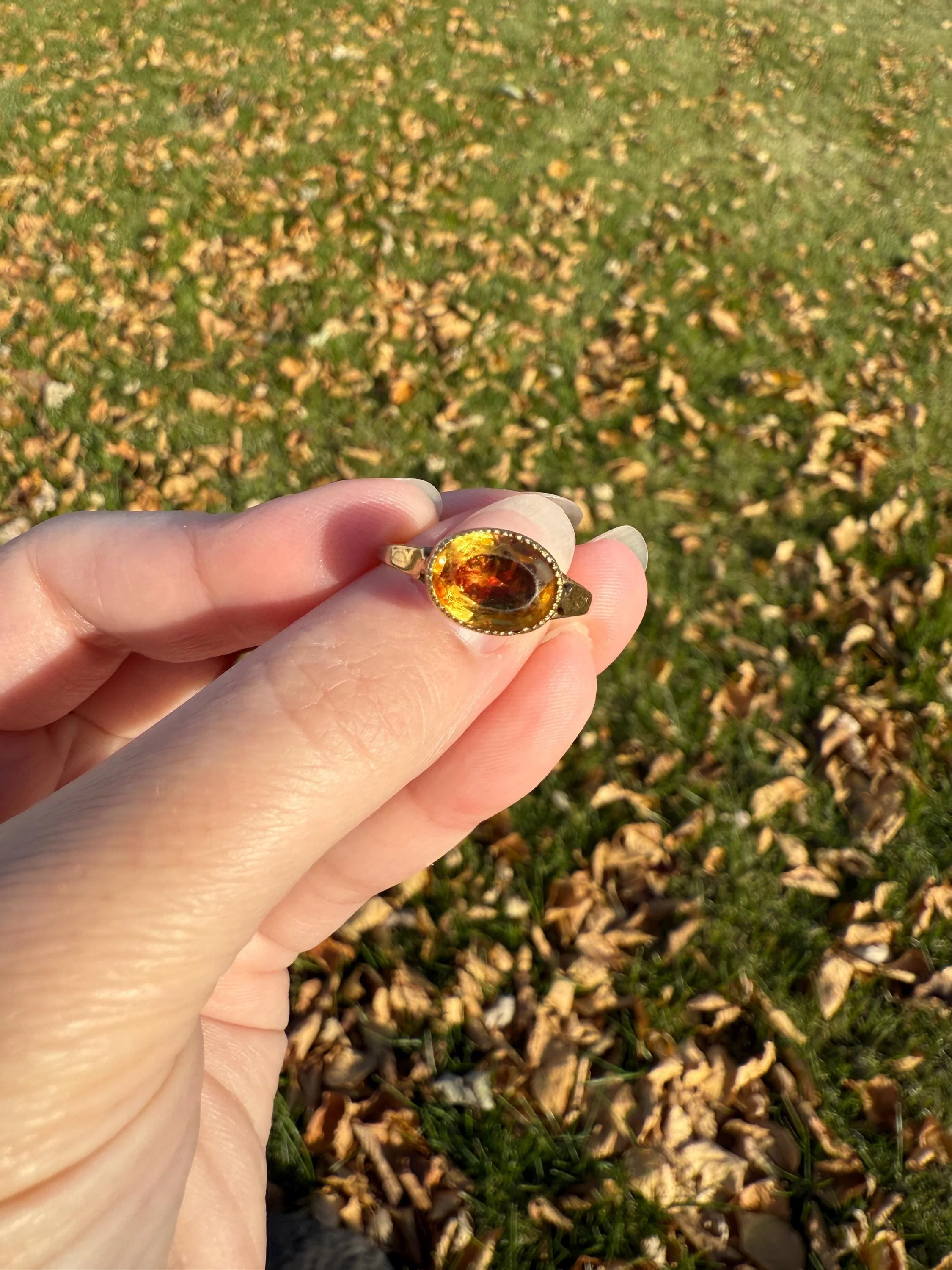 Original French Victorian Era Citrine East West Solitaire Ring 18k Gold Yellow "Vinegar & Oil" Red Foil Domed Back Unique Color Bezel Set - Image 13