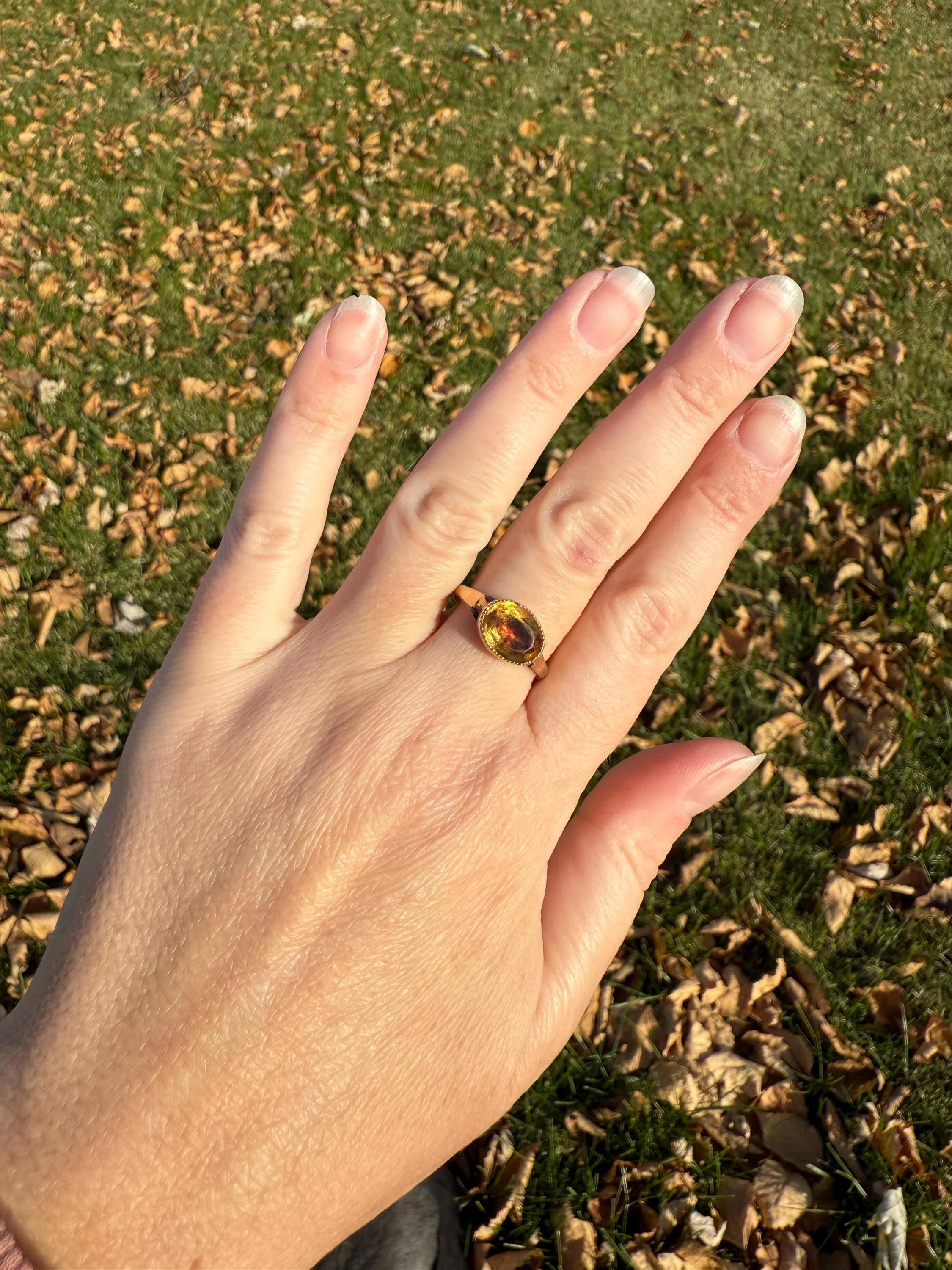Original French Victorian Era Citrine East West Solitaire Ring 18k Gold Yellow "Vinegar & Oil" Red Foil Domed Back Unique Color Bezel Set - Image 15