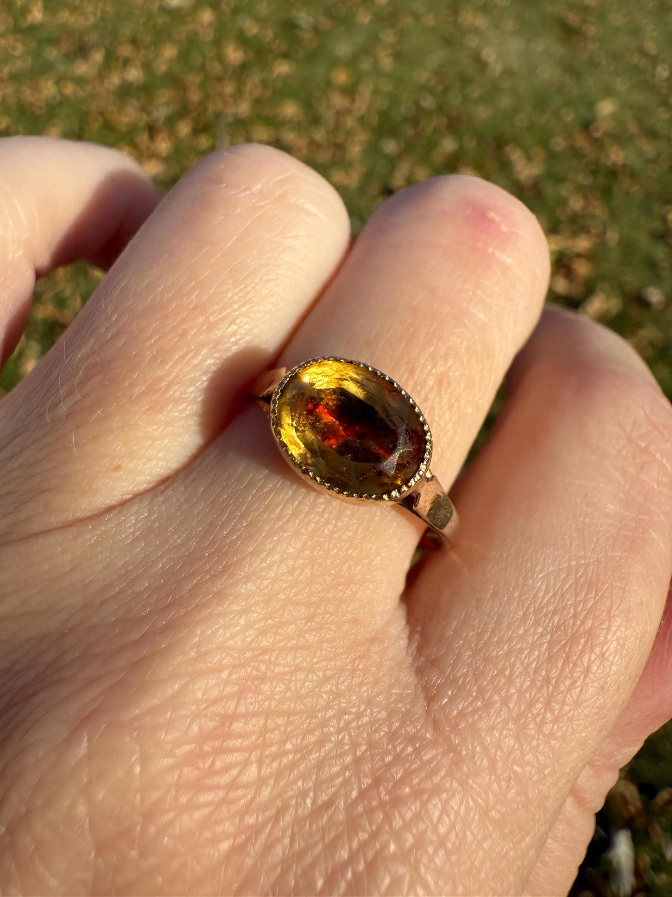 Original French Victorian Era Citrine East West Solitaire Ring 18k Gold Yellow "Vinegar & Oil" Red Foil Domed Back Unique Color Bezel Set - Image 3