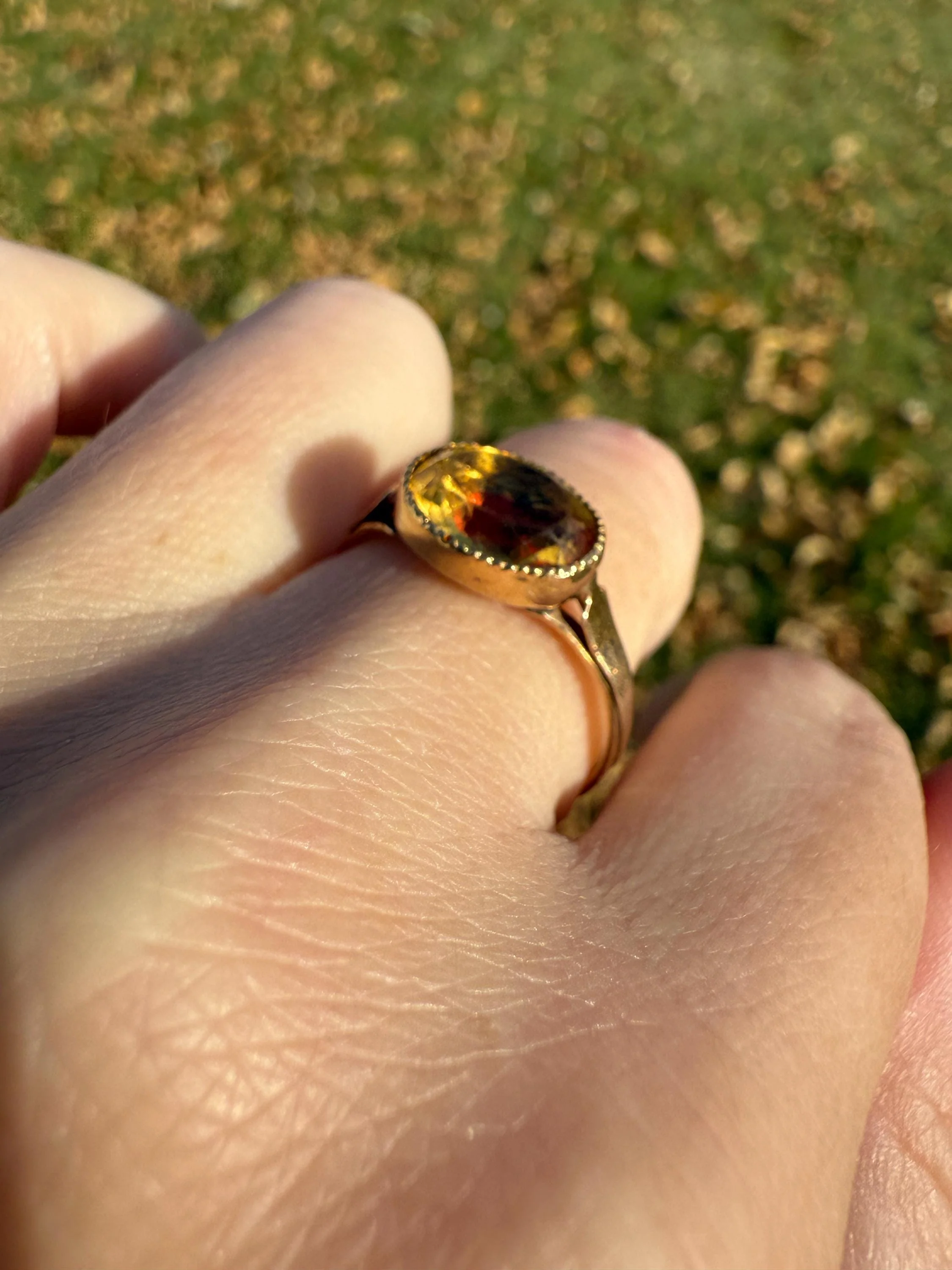 Original French Victorian Era Citrine East West Solitaire Ring 18k Gold Yellow "Vinegar & Oil" Red Foil Domed Back Unique Color Bezel Set - Image 7