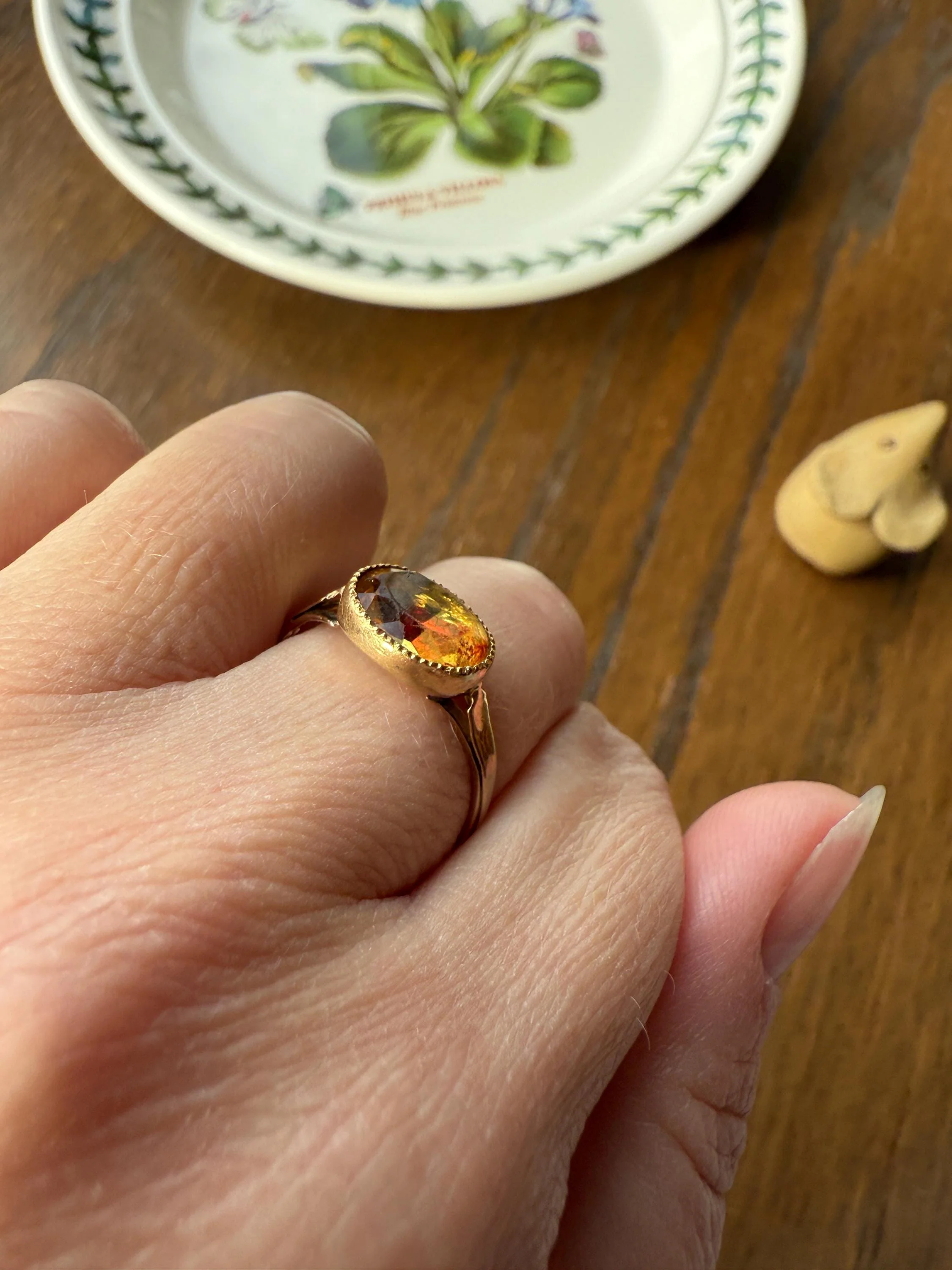Original French Victorian Era Citrine East West Solitaire Ring 18k Gold Yellow "Vinegar & Oil" Red Foil Domed Back Unique Color Bezel Set - Image 8