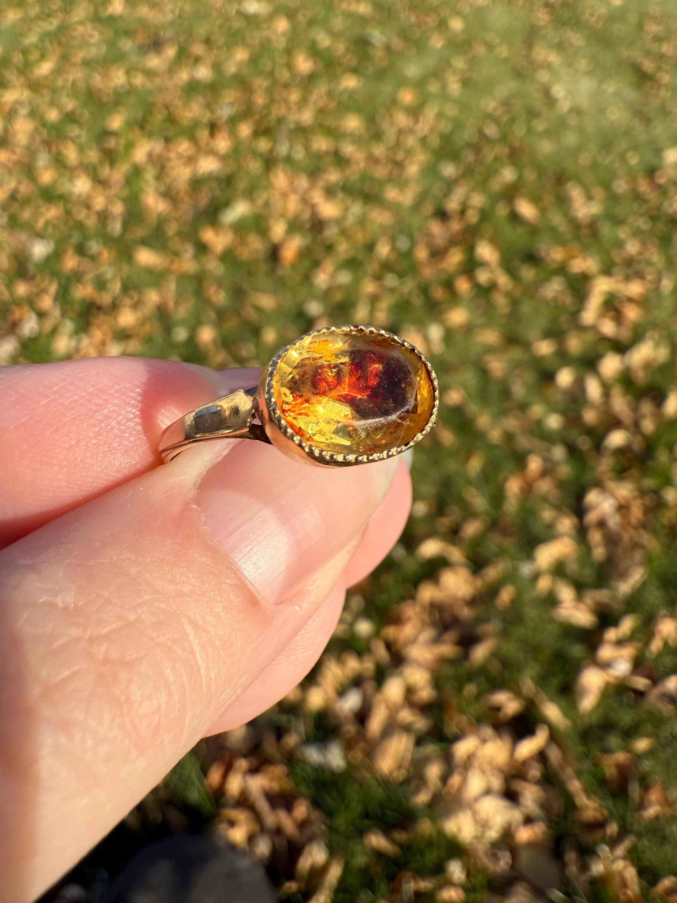 Original French Victorian Era Citrine East West Solitaire Ring 18k Gold Yellow "Vinegar & Oil" Red Foil Domed Back Unique Color Bezel Set - Image 9
