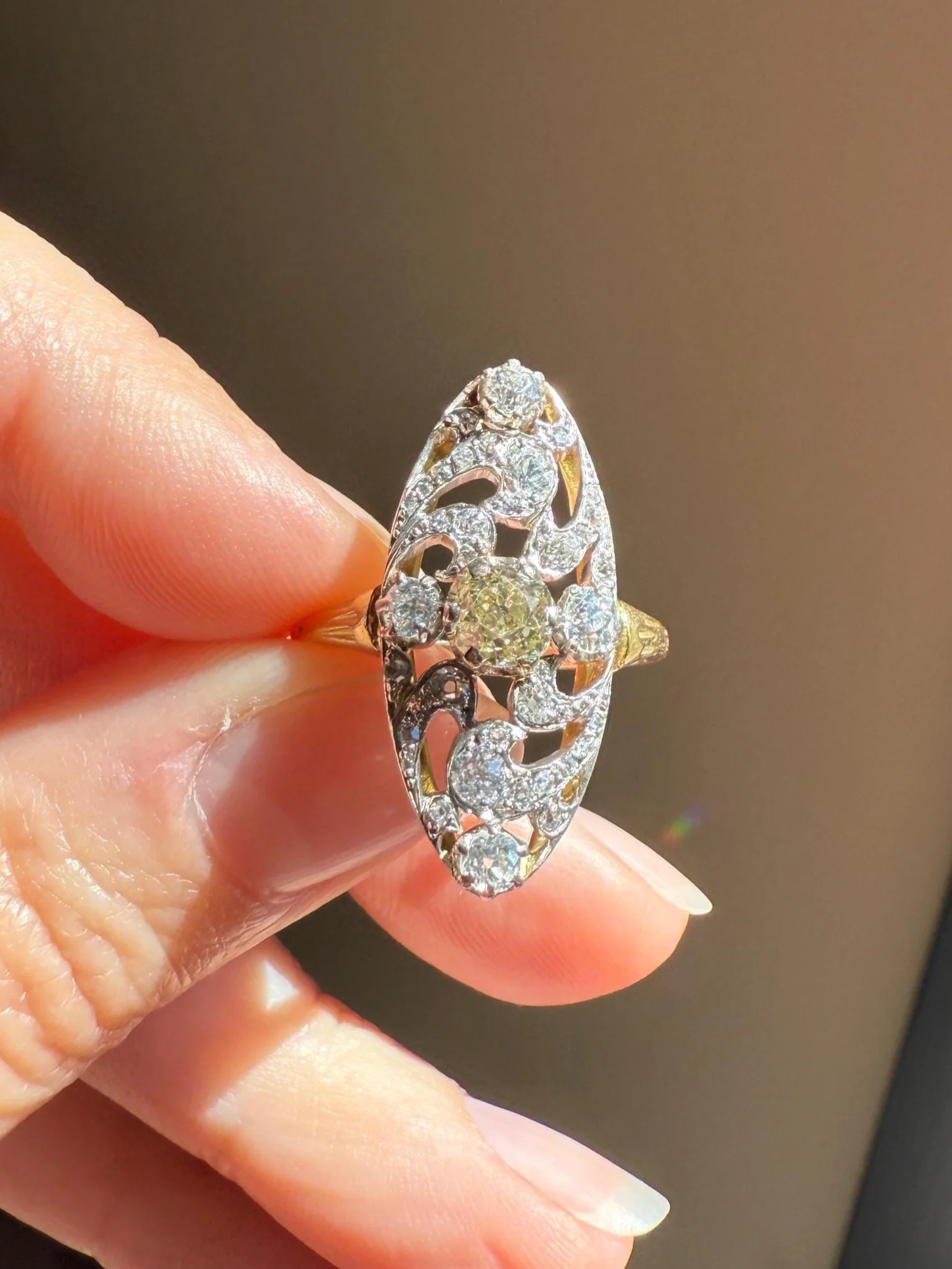 Ornate 1 Carat + French Belle Epoque Oval Old Mine Rose Cut Diamond Pale Light Yellow Center 18k Gold Platinum Scroll