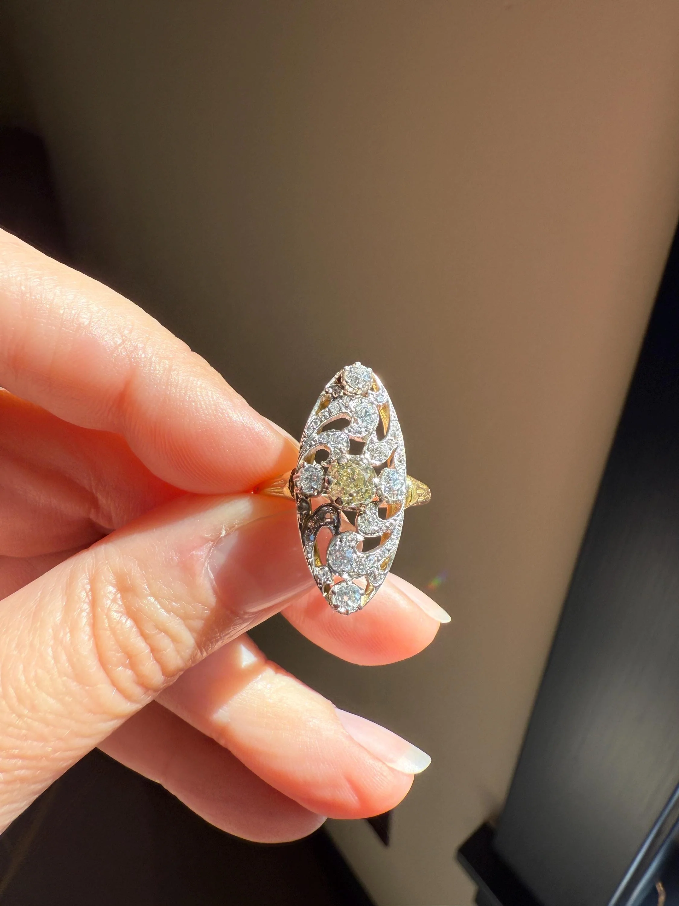 Ornate 1 Carat + French Belle Epoque Oval Old Mine Rose Cut Diamond Pale Light Yellow Center 18k Gold Platinum Scroll - Image 11