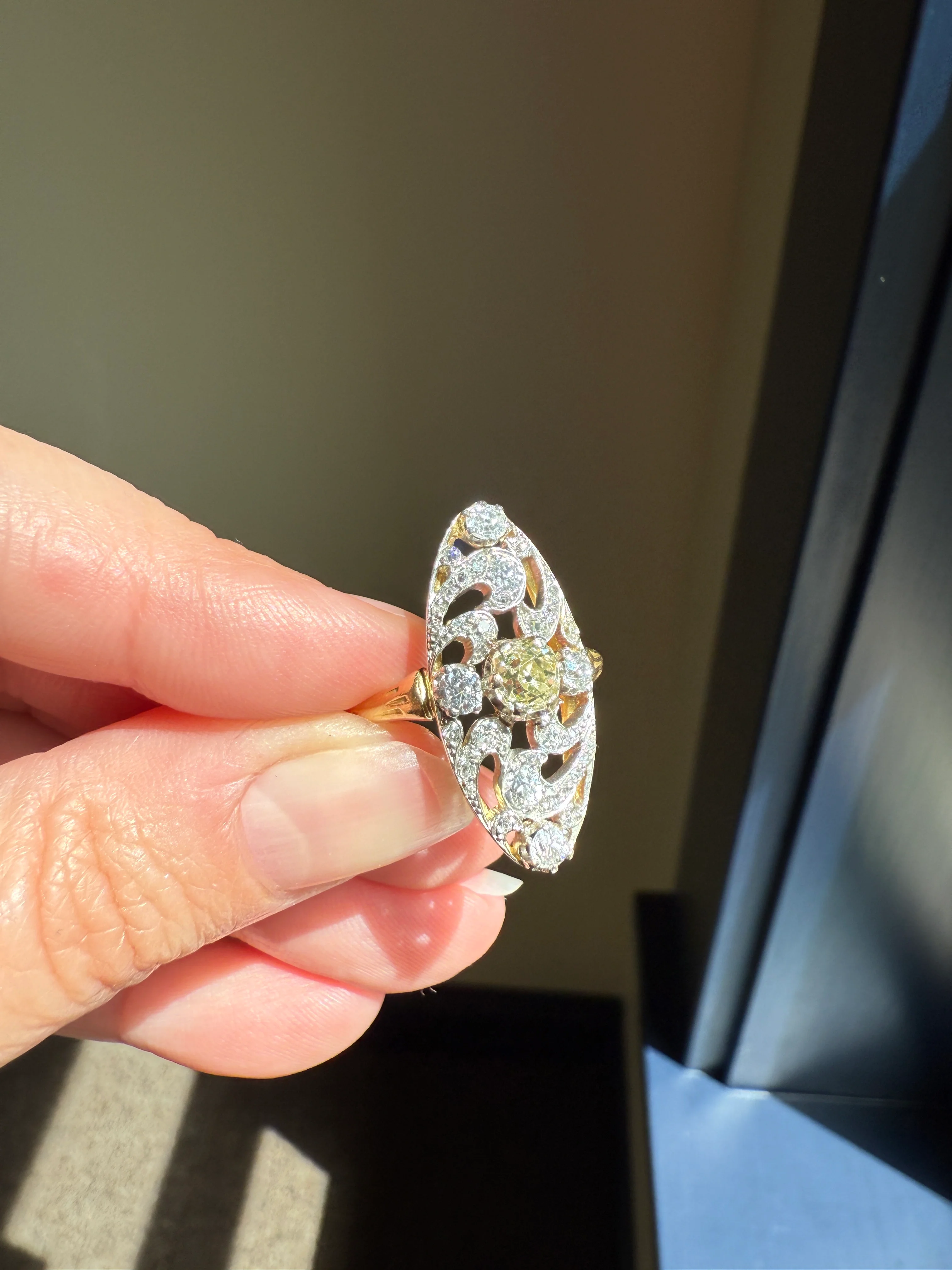 Ornate 1 Carat + French Belle Epoque Oval Old Mine Rose Cut Diamond Pale Light Yellow Center 18k Gold Platinum Scroll - Image 13