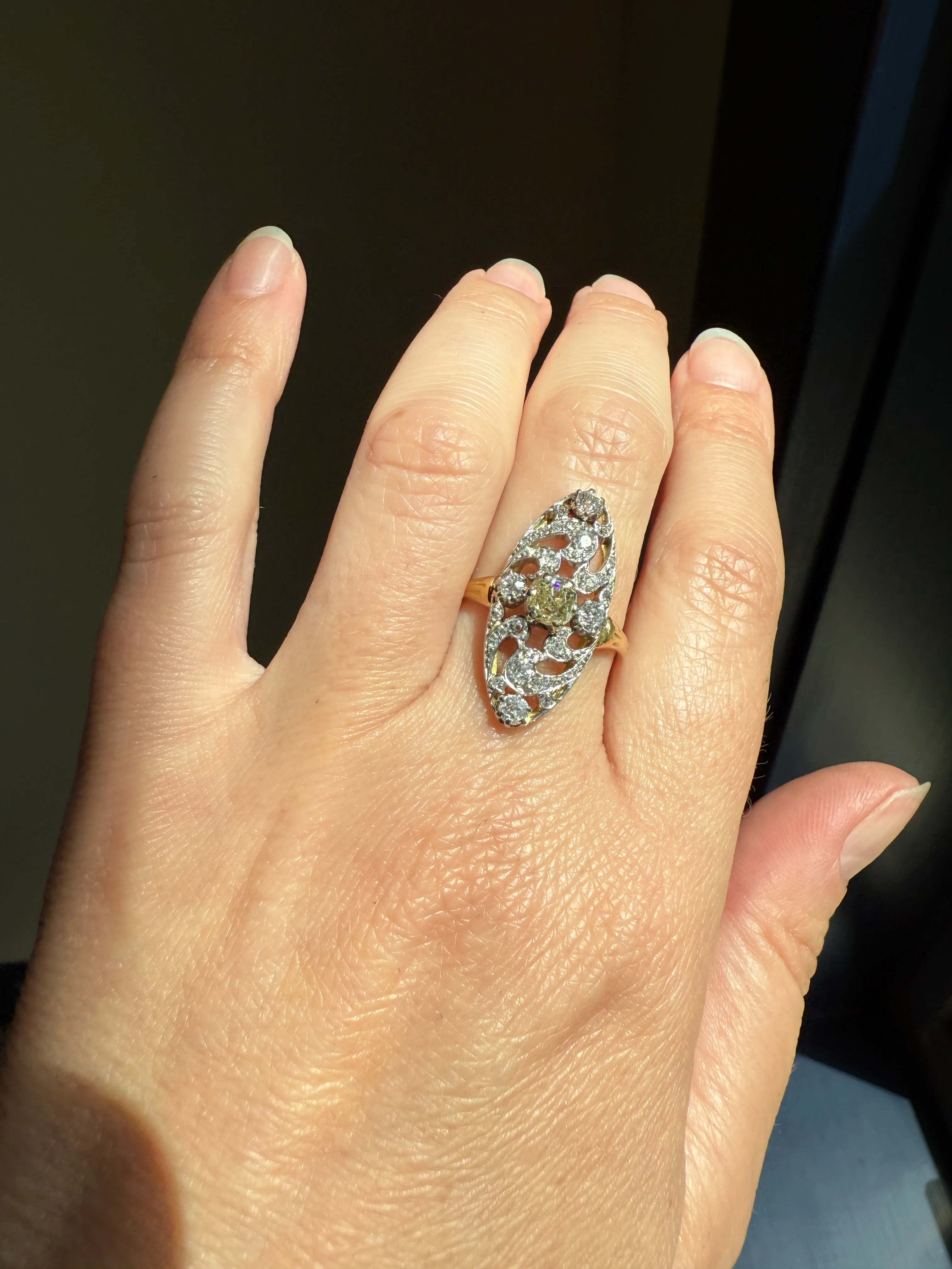 Ornate 1 Carat + French Belle Epoque Oval Old Mine Rose Cut Diamond Pale Light Yellow Center 18k Gold Platinum Scroll - Image 14