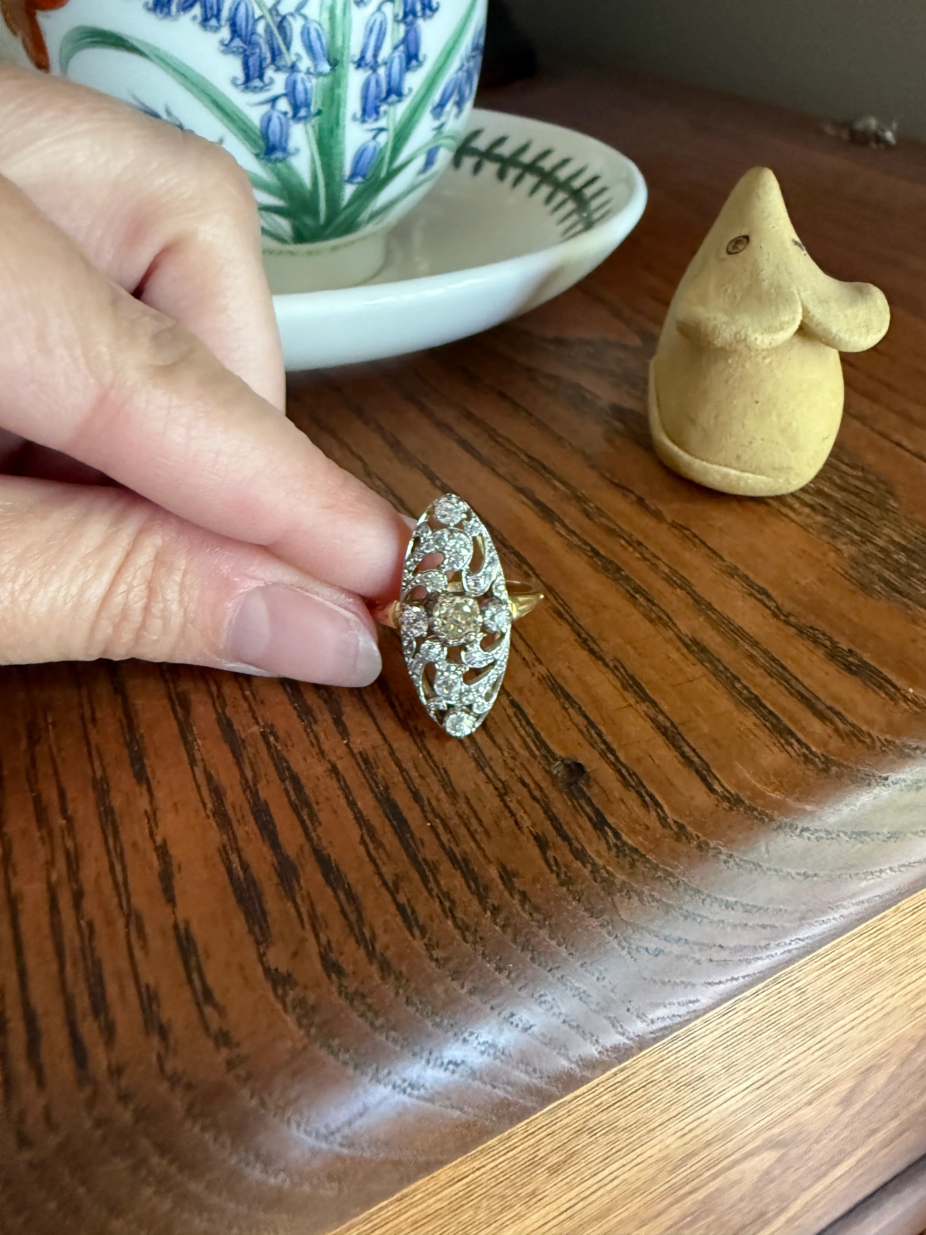 Ornate 1 Carat + French Belle Epoque Oval Old Mine Rose Cut Diamond Pale Light Yellow Center 18k Gold Platinum Scroll - Image 15