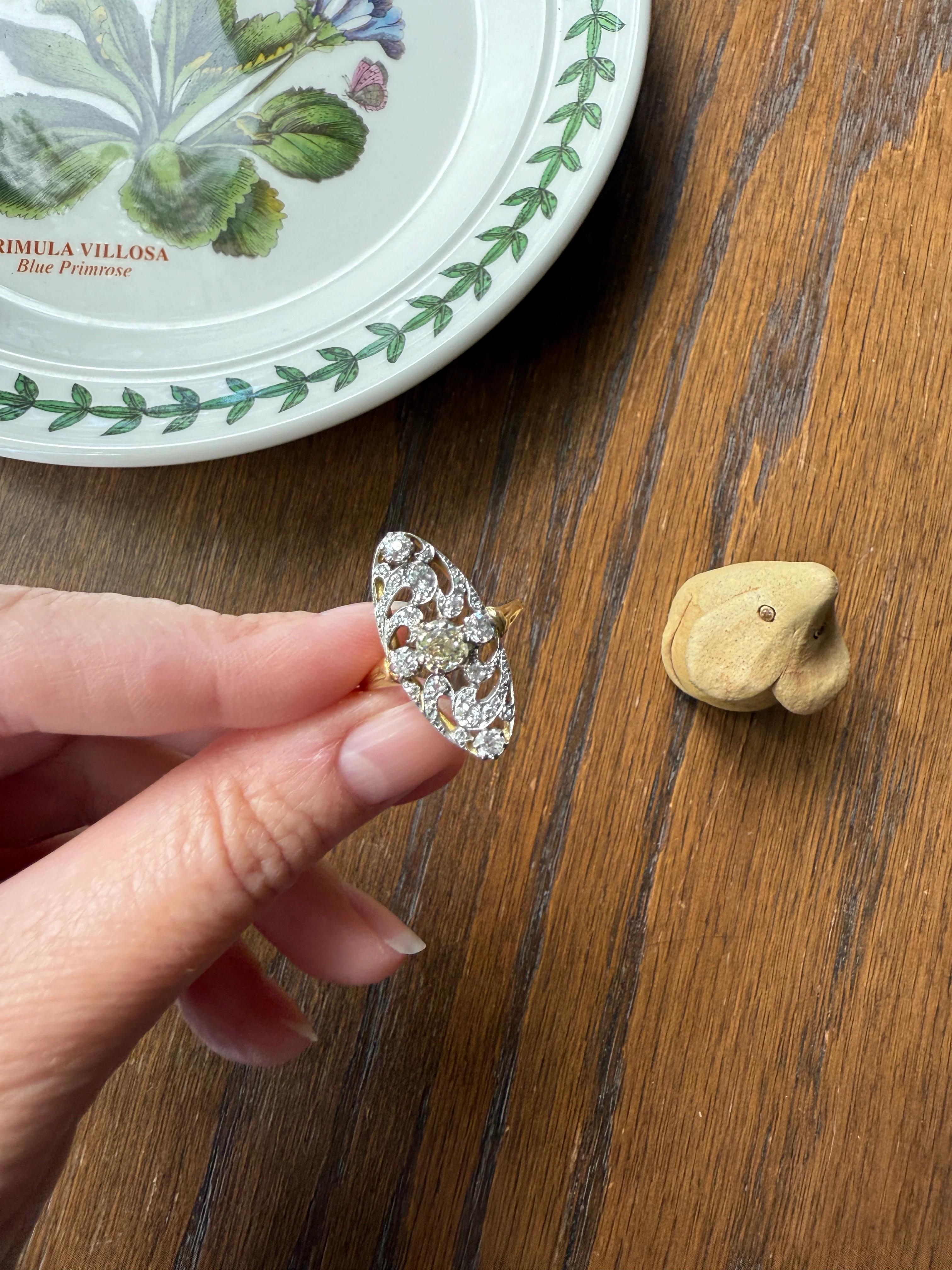 Ornate 1 Carat + French Belle Epoque Oval Old Mine Rose Cut Diamond Pale Light Yellow Center 18k Gold Platinum Scroll - Image 16