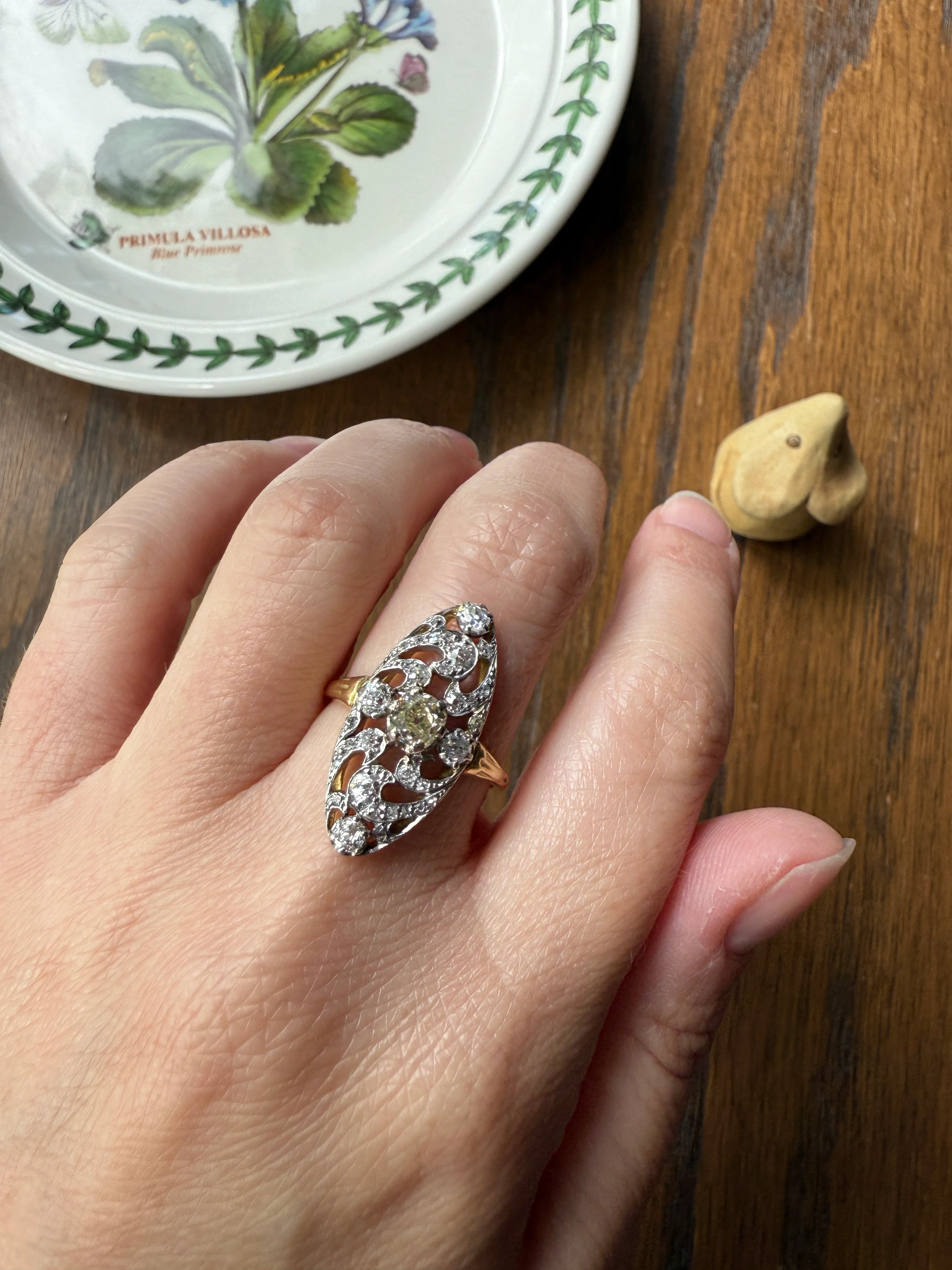 Ornate 1 Carat + French Belle Epoque Oval Old Mine Rose Cut Diamond Pale Light Yellow Center 18k Gold Platinum Scroll - Image 17