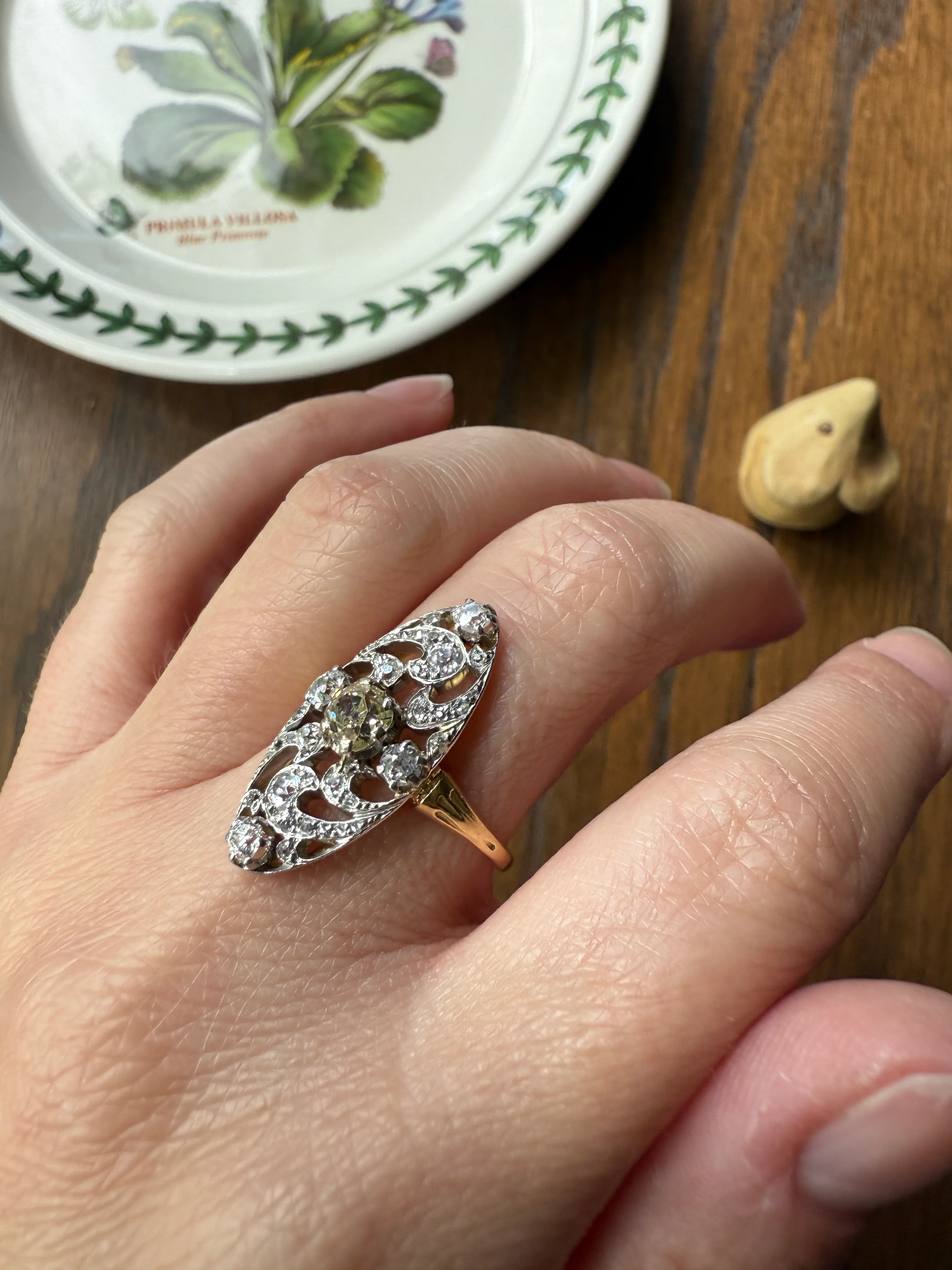 Ornate 1 Carat + French Belle Epoque Oval Old Mine Rose Cut Diamond Pale Light Yellow Center 18k Gold Platinum Scroll - Image 18