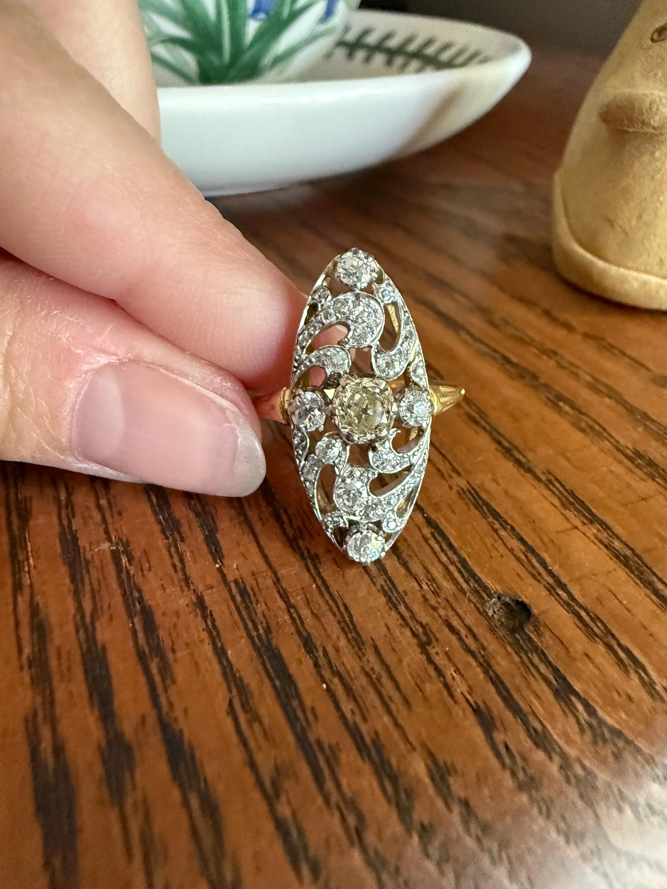 Ornate 1 Carat + French Belle Epoque Oval Old Mine Rose Cut Diamond Pale Light Yellow Center 18k Gold Platinum Scroll - Image 2