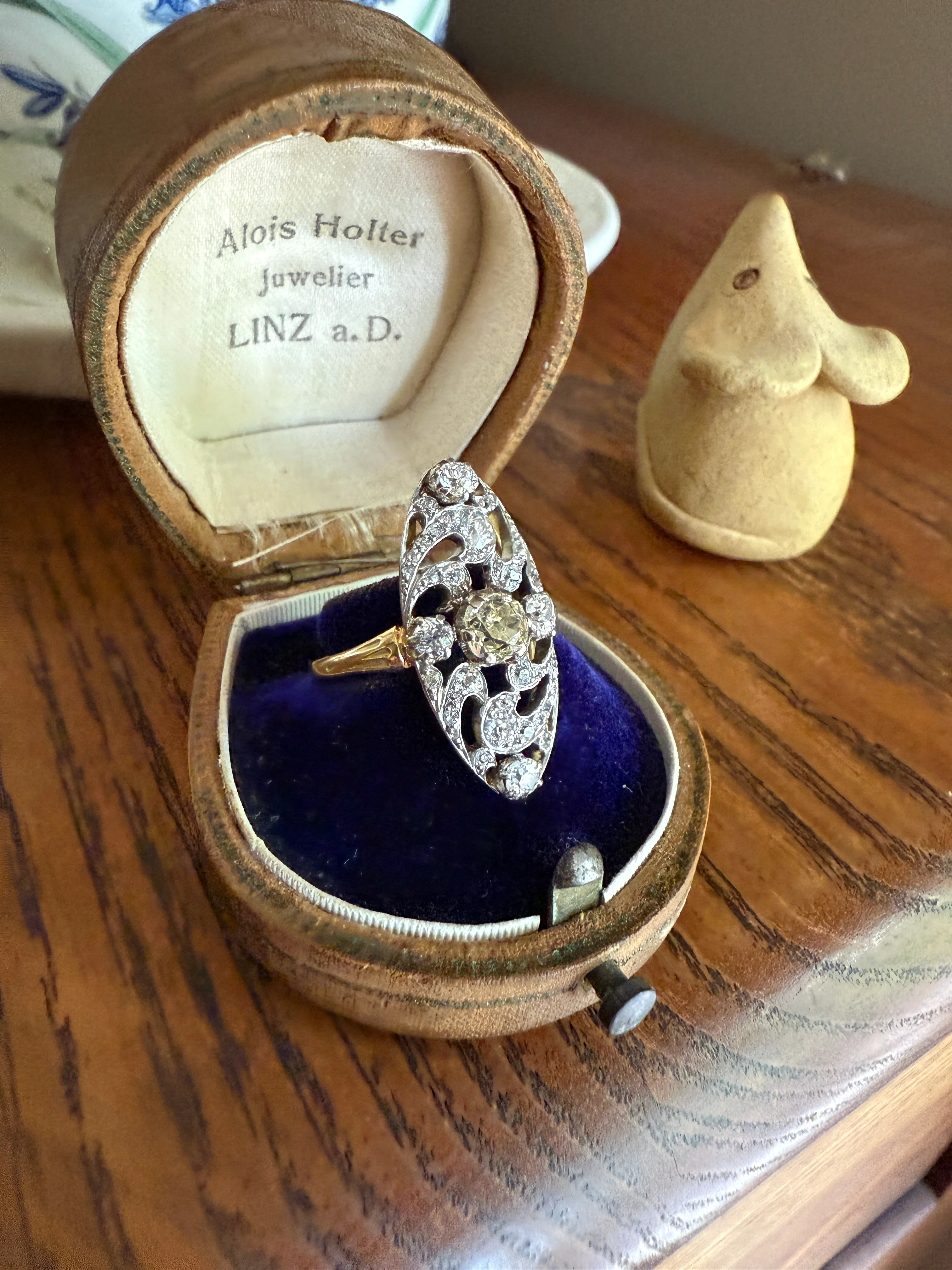 Ornate 1 Carat + French Belle Epoque Oval Old Mine Rose Cut Diamond Pale Light Yellow Center 18k Gold Platinum Scroll - Image 20