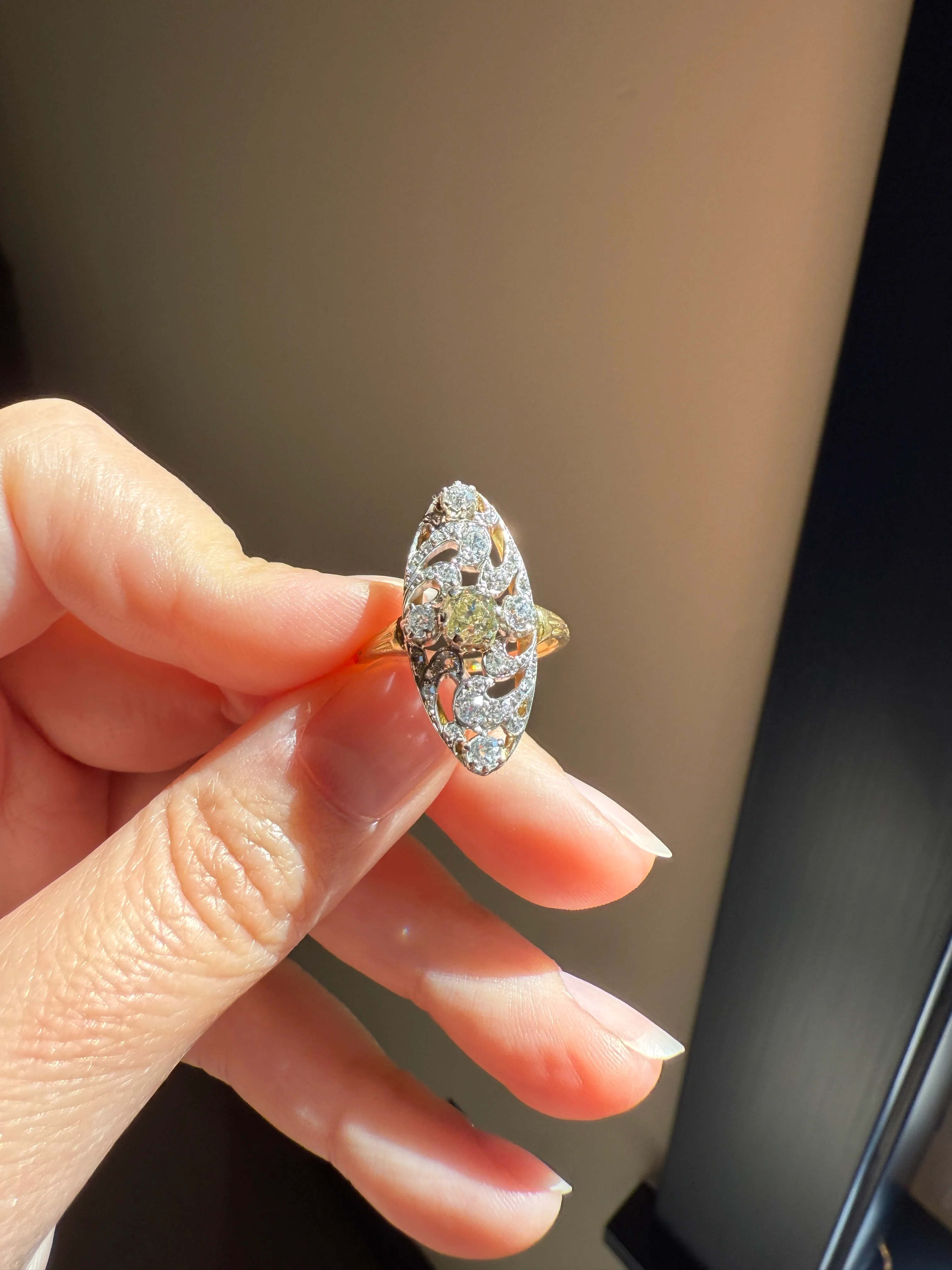 Ornate 1 Carat + French Belle Epoque Oval Old Mine Rose Cut Diamond Pale Light Yellow Center 18k Gold Platinum Scroll - Image 21