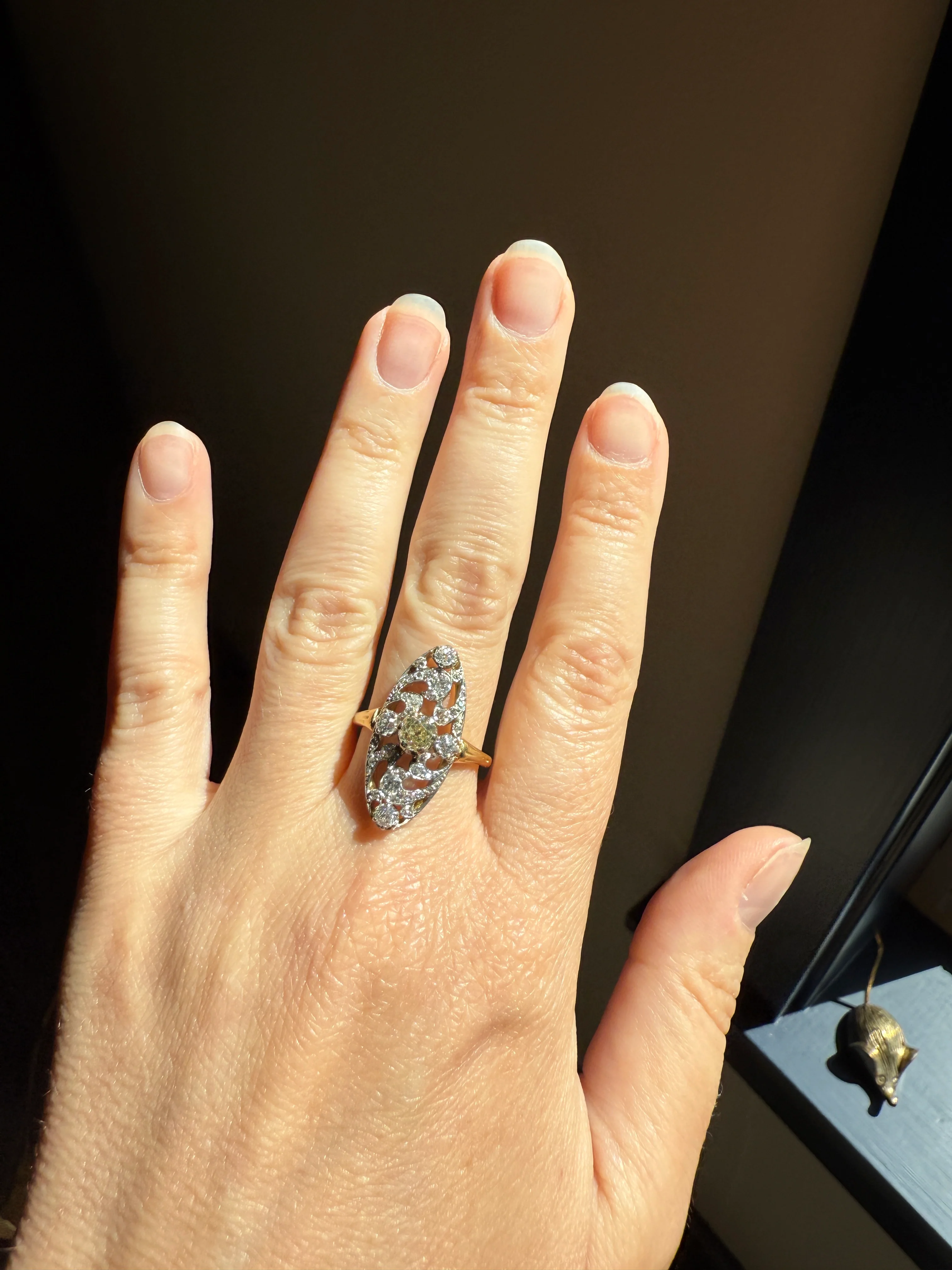 Ornate 1 Carat + French Belle Epoque Oval Old Mine Rose Cut Diamond Pale Light Yellow Center 18k Gold Platinum Scroll - Image 22