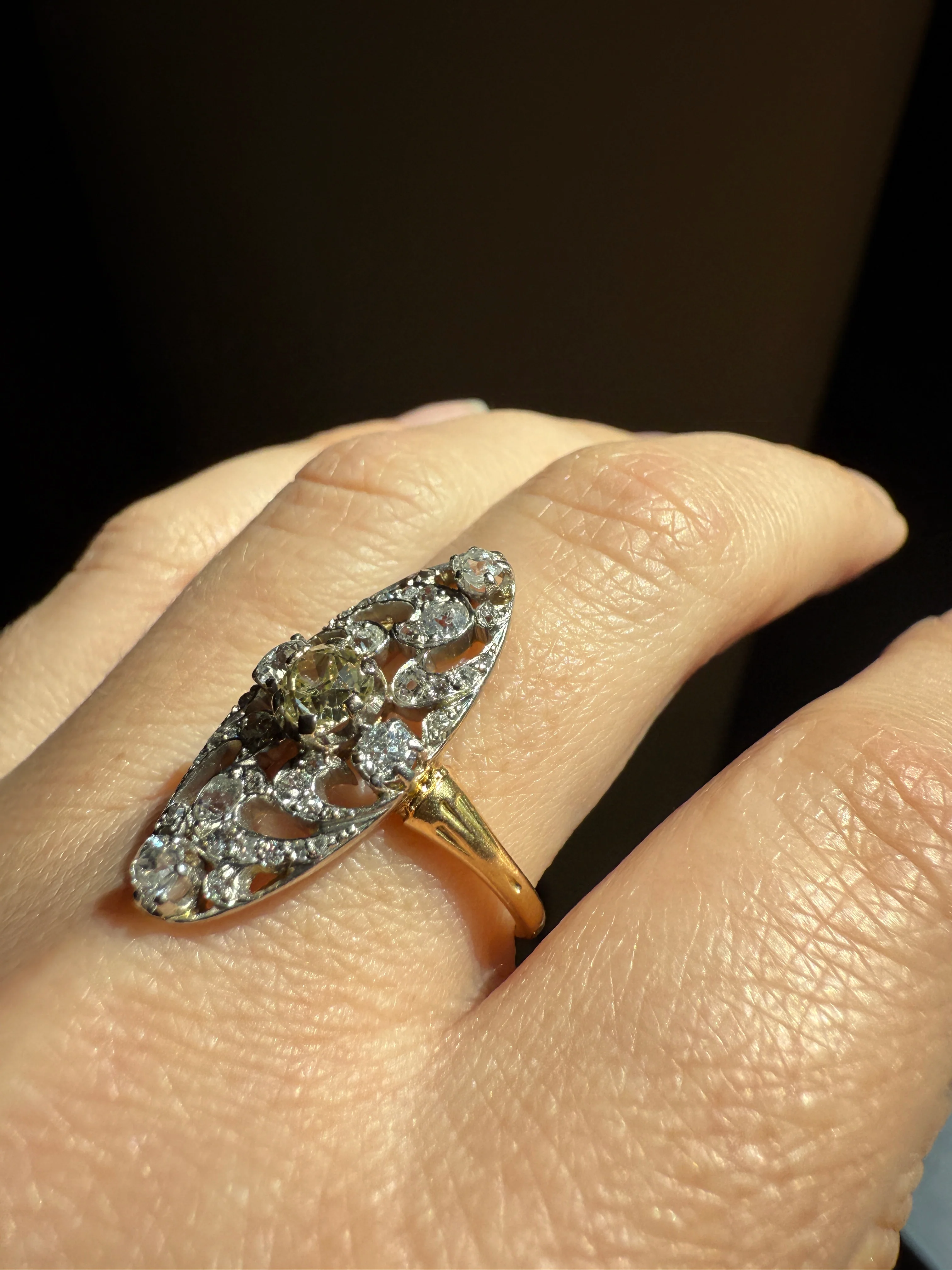 Ornate 1 Carat + French Belle Epoque Oval Old Mine Rose Cut Diamond Pale Light Yellow Center 18k Gold Platinum Scroll - Image 23