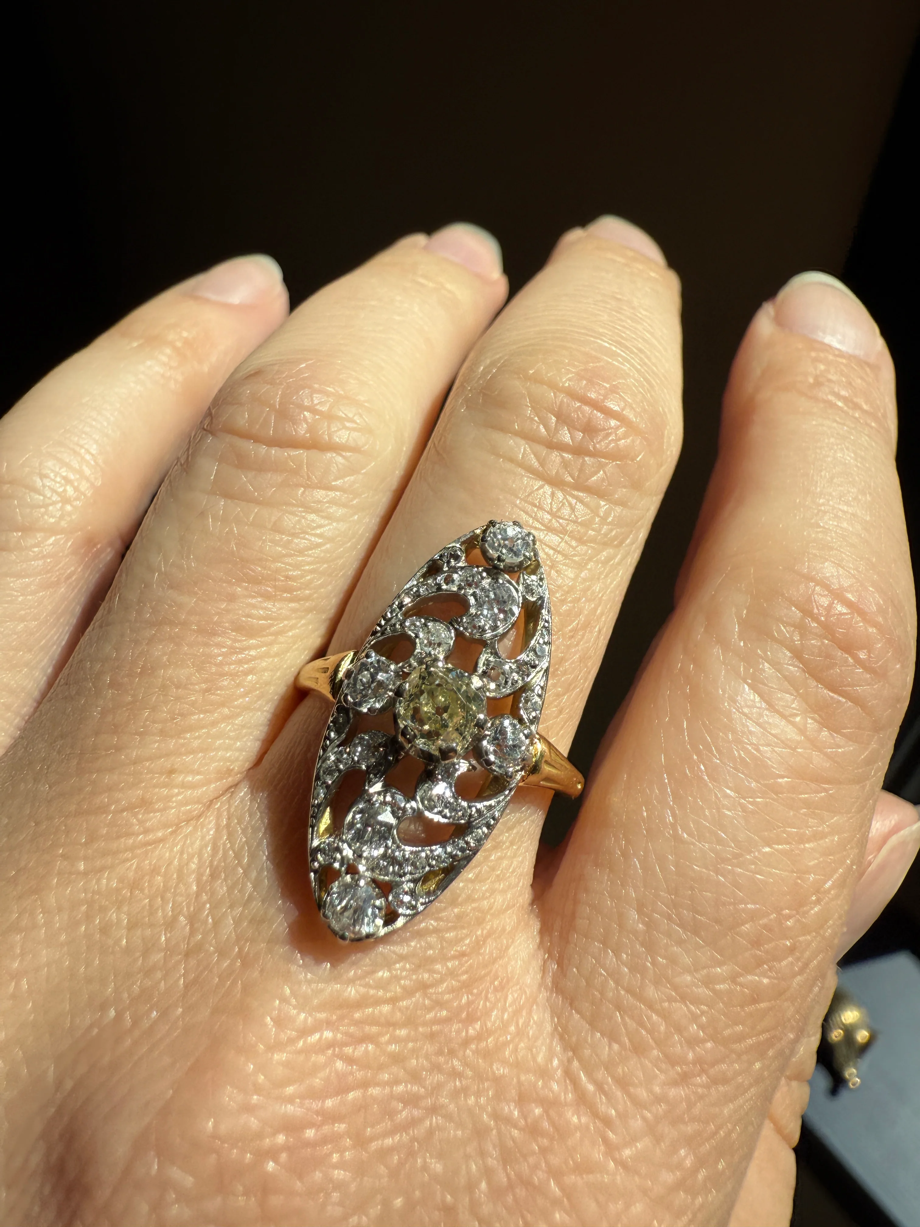 Ornate 1 Carat + French Belle Epoque Oval Old Mine Rose Cut Diamond Pale Light Yellow Center 18k Gold Platinum Scroll - Image 24