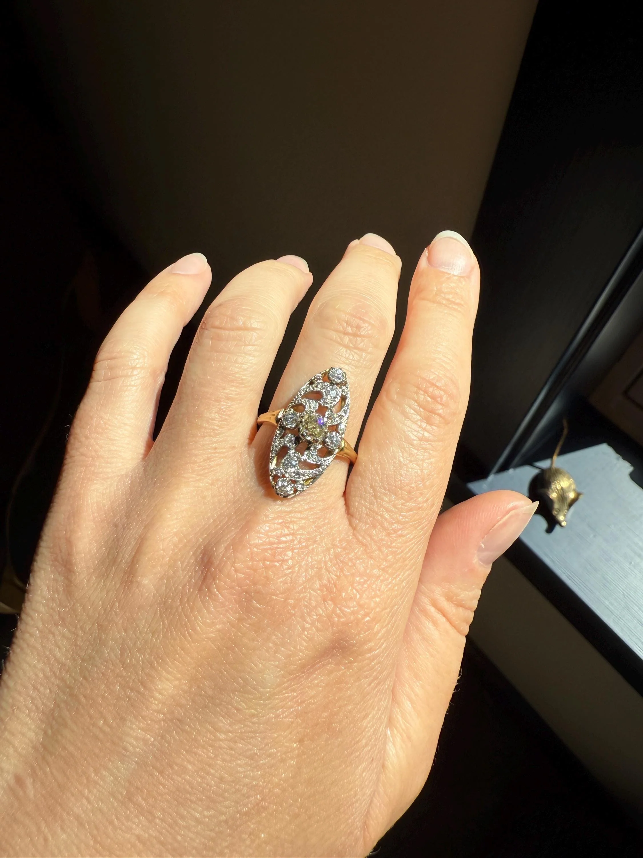 Ornate 1 Carat + French Belle Epoque Oval Old Mine Rose Cut Diamond Pale Light Yellow Center 18k Gold Platinum Scroll - Image 3