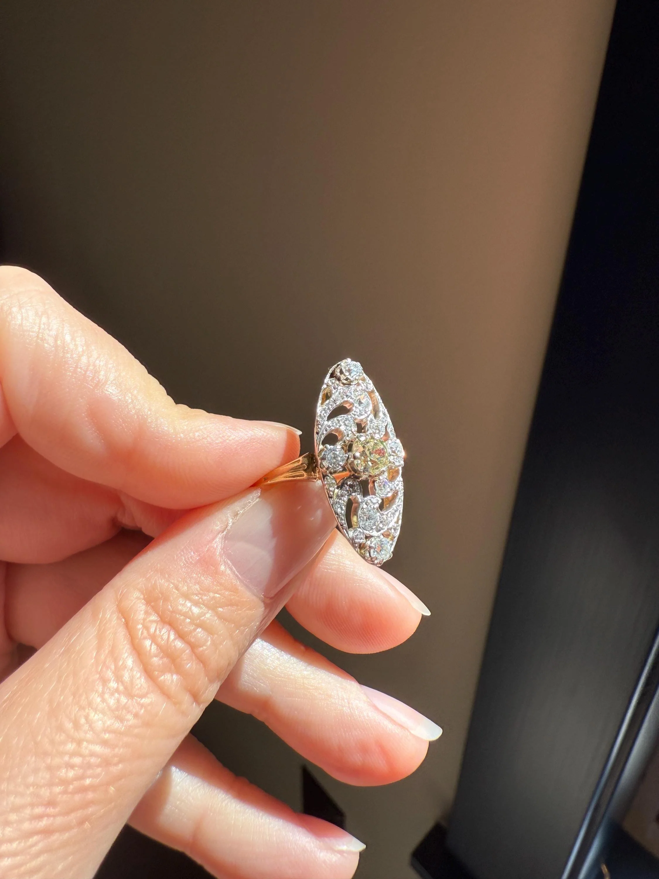 Ornate 1 Carat + French Belle Epoque Oval Old Mine Rose Cut Diamond Pale Light Yellow Center 18k Gold Platinum Scroll - Image 5