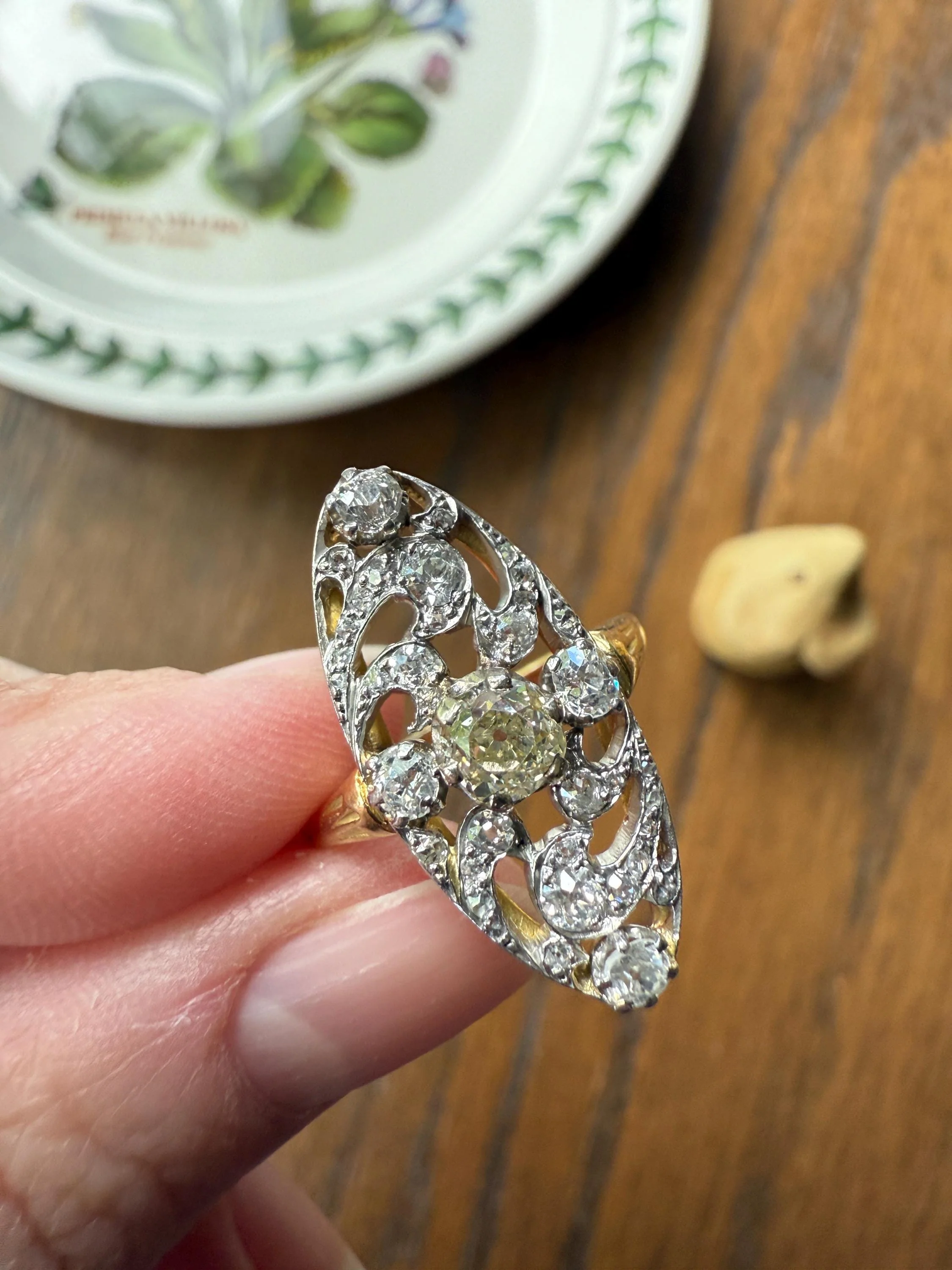 Ornate 1 Carat + French Belle Epoque Oval Old Mine Rose Cut Diamond Pale Light Yellow Center 18k Gold Platinum Scroll - Image 6