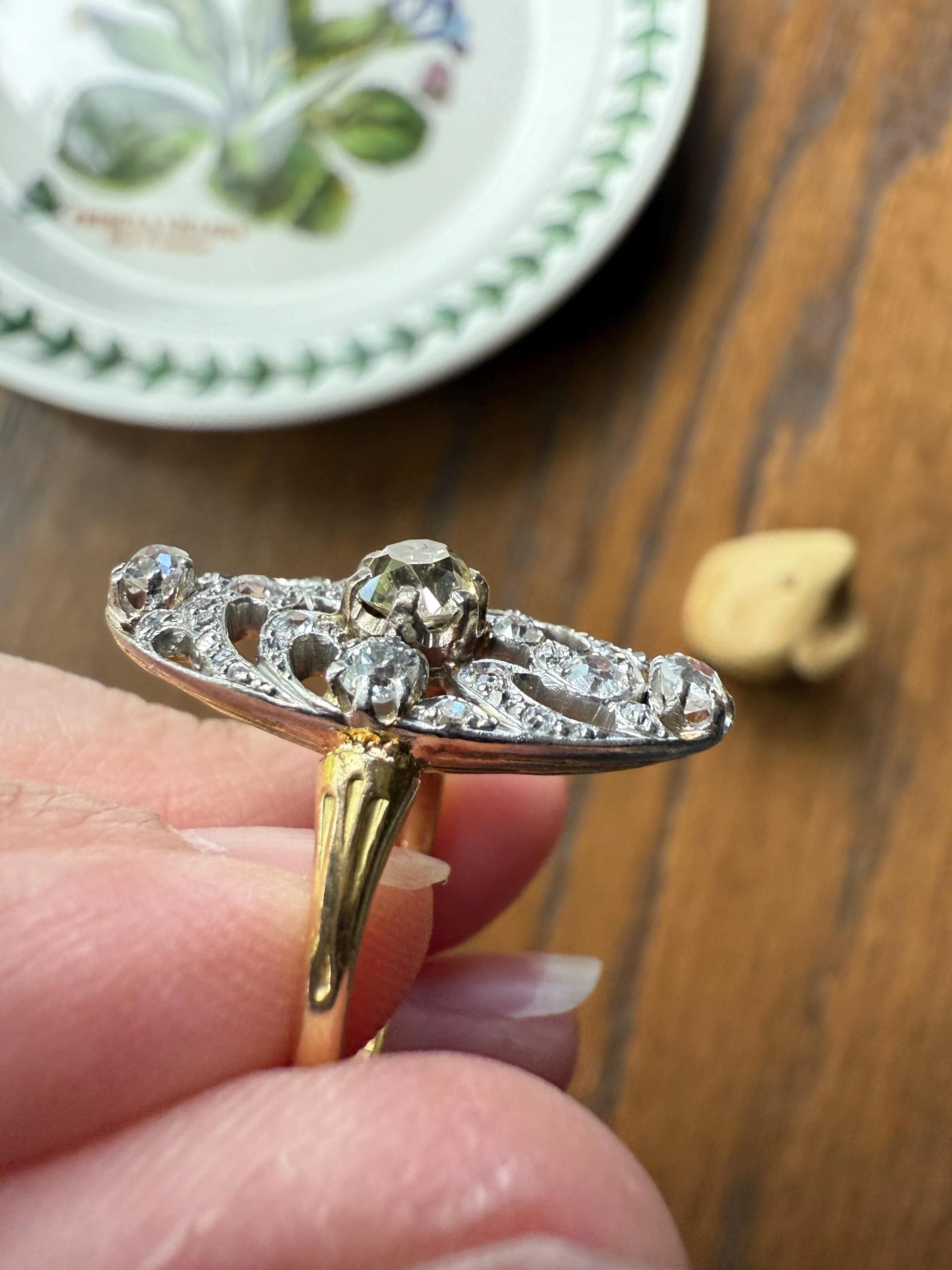 Ornate 1 Carat + French Belle Epoque Oval Old Mine Rose Cut Diamond Pale Light Yellow Center 18k Gold Platinum Scroll - Image 8