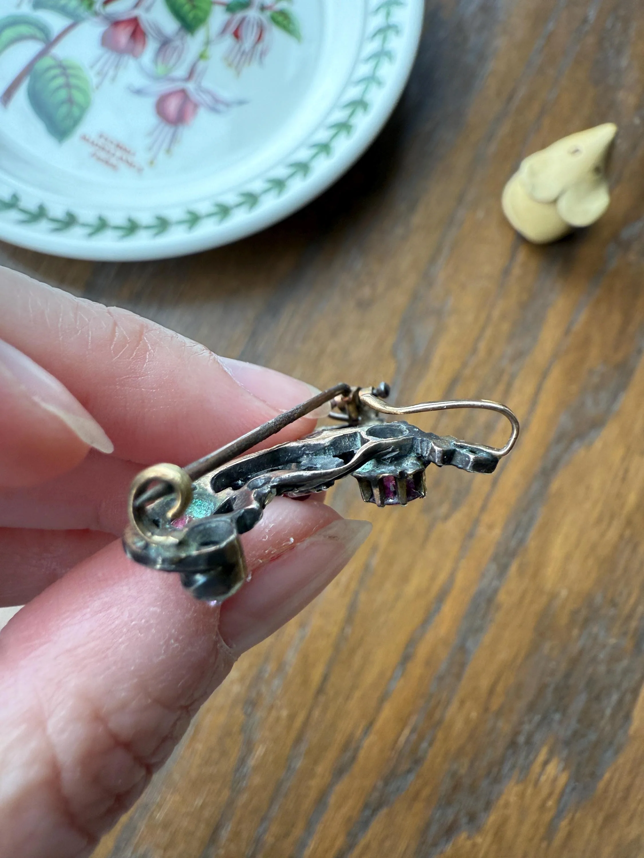 Ornate Antique Floral Ruby Garnet Rose Cut Diamond Brooch Pendant Holder Hook Extender Connector Solid Silver 18k Gold French Victorian - Image 4
