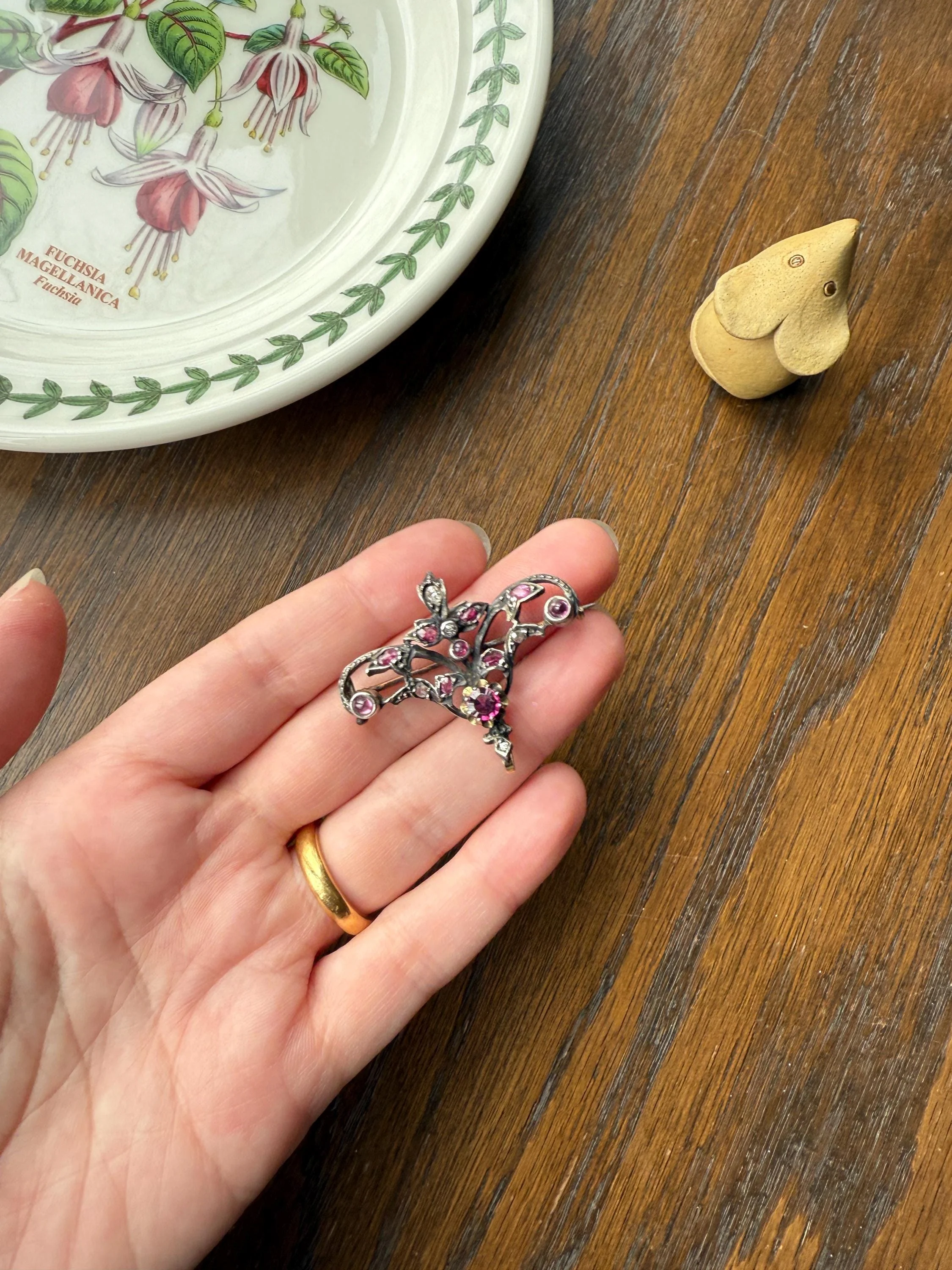Ornate Antique Floral Ruby Garnet Rose Cut Diamond Brooch Pendant Holder Hook Extender Connector Solid Silver 18k Gold French Victorian - Image 5