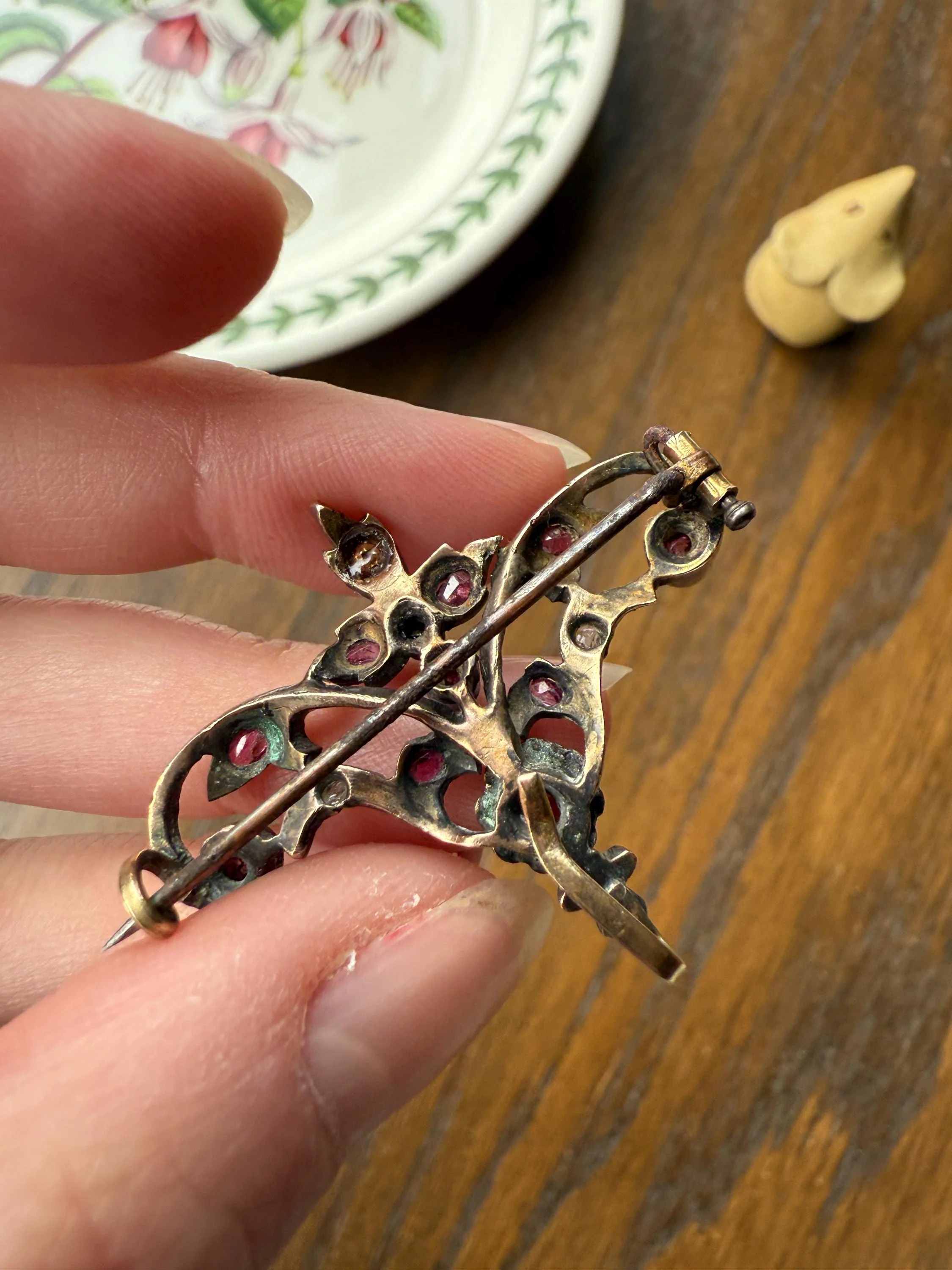 Ornate Antique Floral Ruby Garnet Rose Cut Diamond Brooch Pendant Holder Hook Extender Connector Solid Silver 18k Gold French Victorian - Image 7