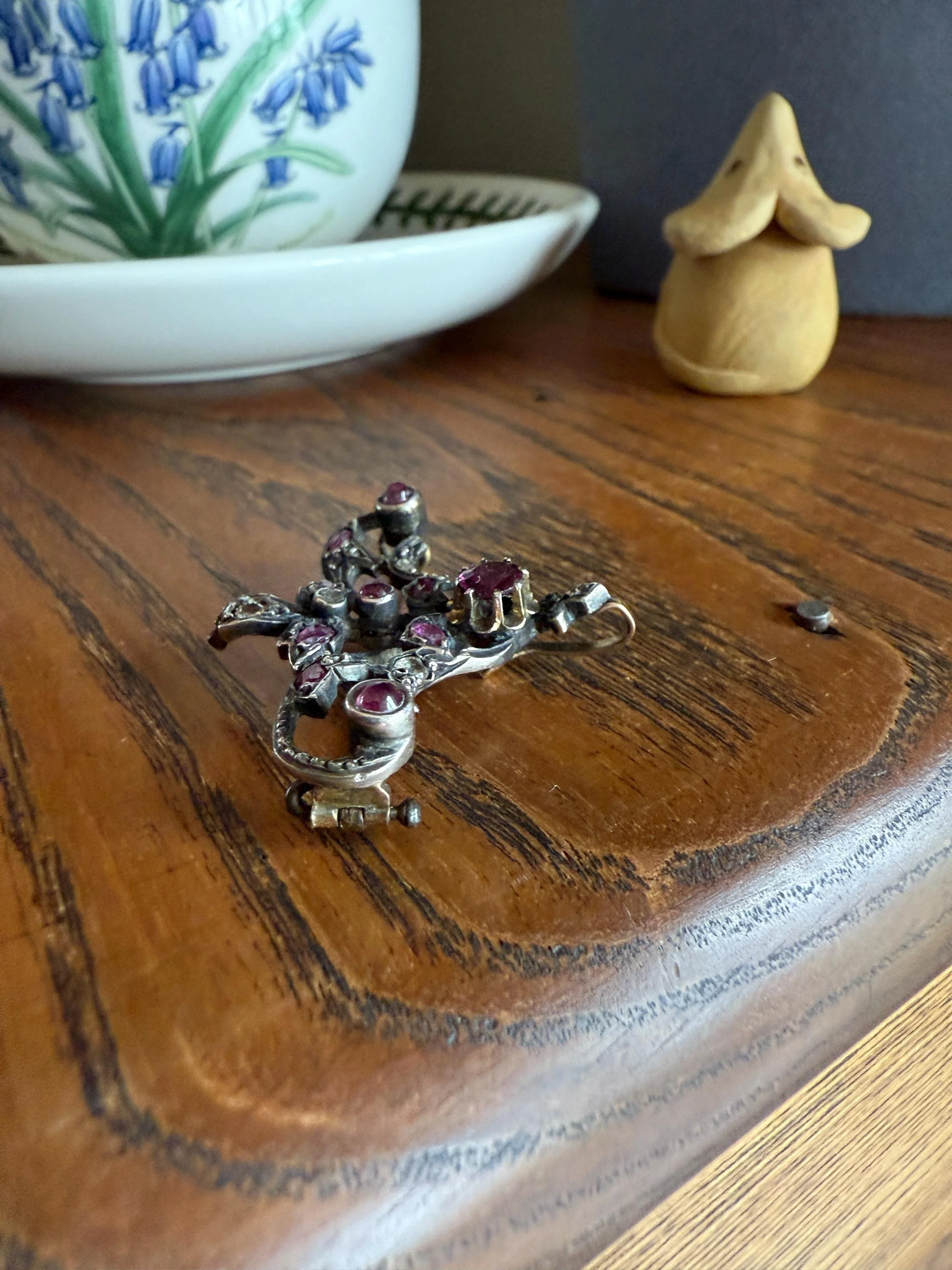 Ornate Antique Floral Ruby Garnet Rose Cut Diamond Brooch Pendant Holder Hook Extender Connector Solid Silver 18k Gold French Victorian - Image 8