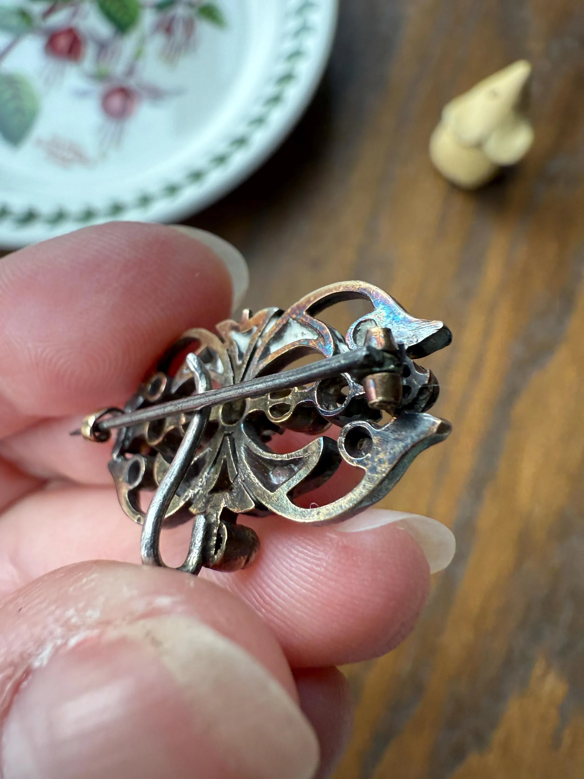 Ornate Antique Scrolled Rivet Rose Cut Diamond Brooch Pendant Holder Hook Extender Connector Solid Silver 18k Gold French Victorian - Image 4