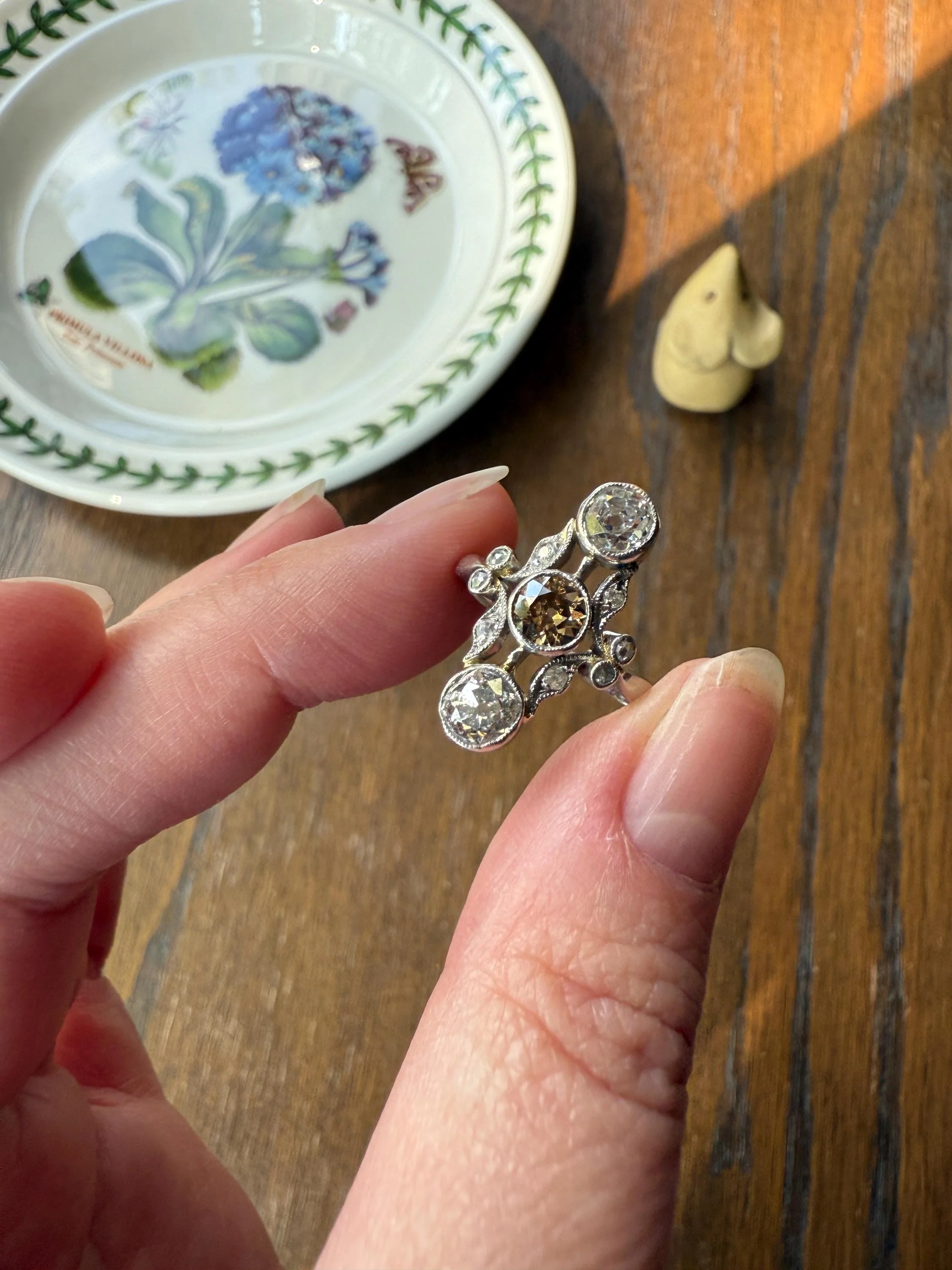 ORNATE Belle Epoque Antique 1.6 Carat Tdw Champagne Fancy Light Brown & White Three Stone Old Mine Cut Diamond Platinum Navette Ring Oval Victorian French - Image 11