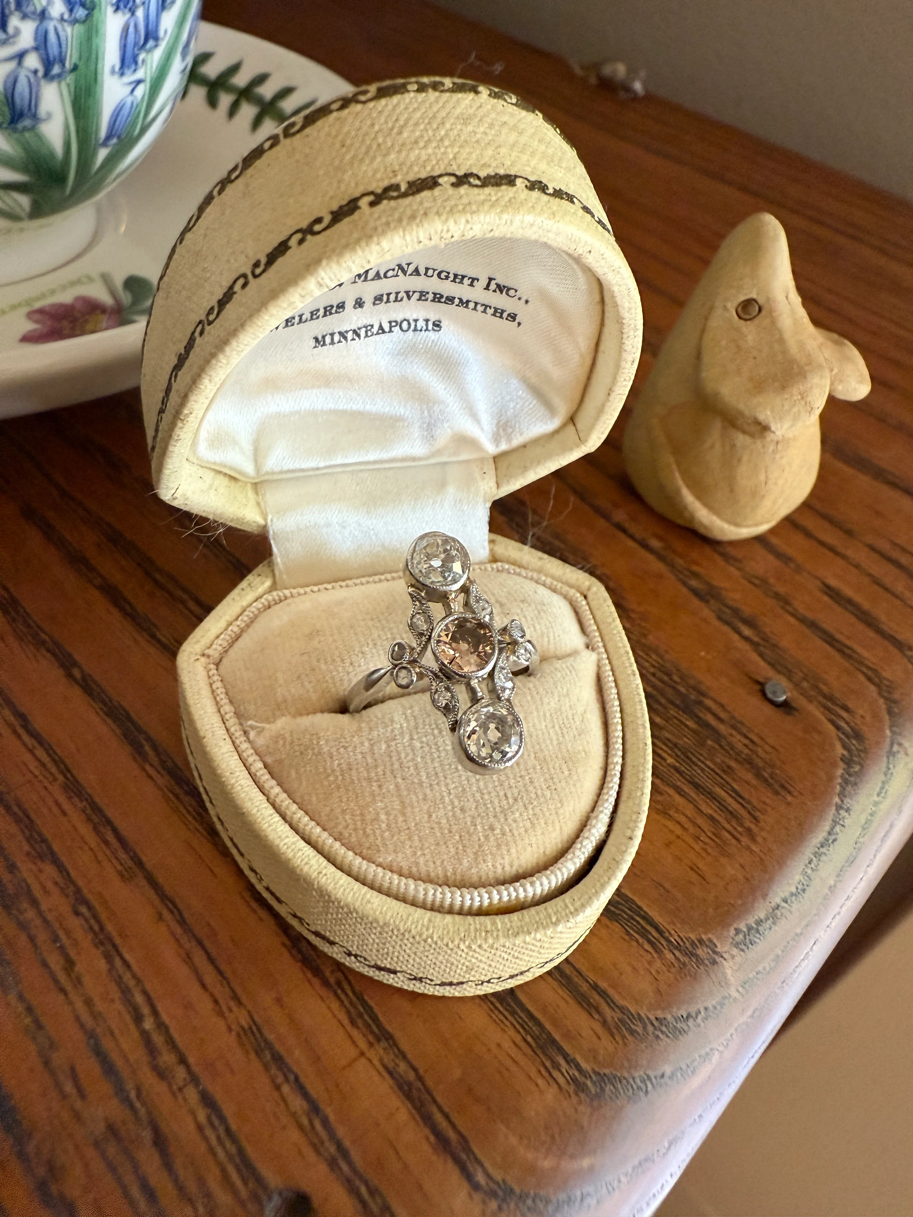 ORNATE Belle Epoque Antique 1.6 Carat Tdw Champagne Fancy Light Brown & White Three Stone Old Mine Cut Diamond Platinum Navette Ring Oval Victorian French - Image 12