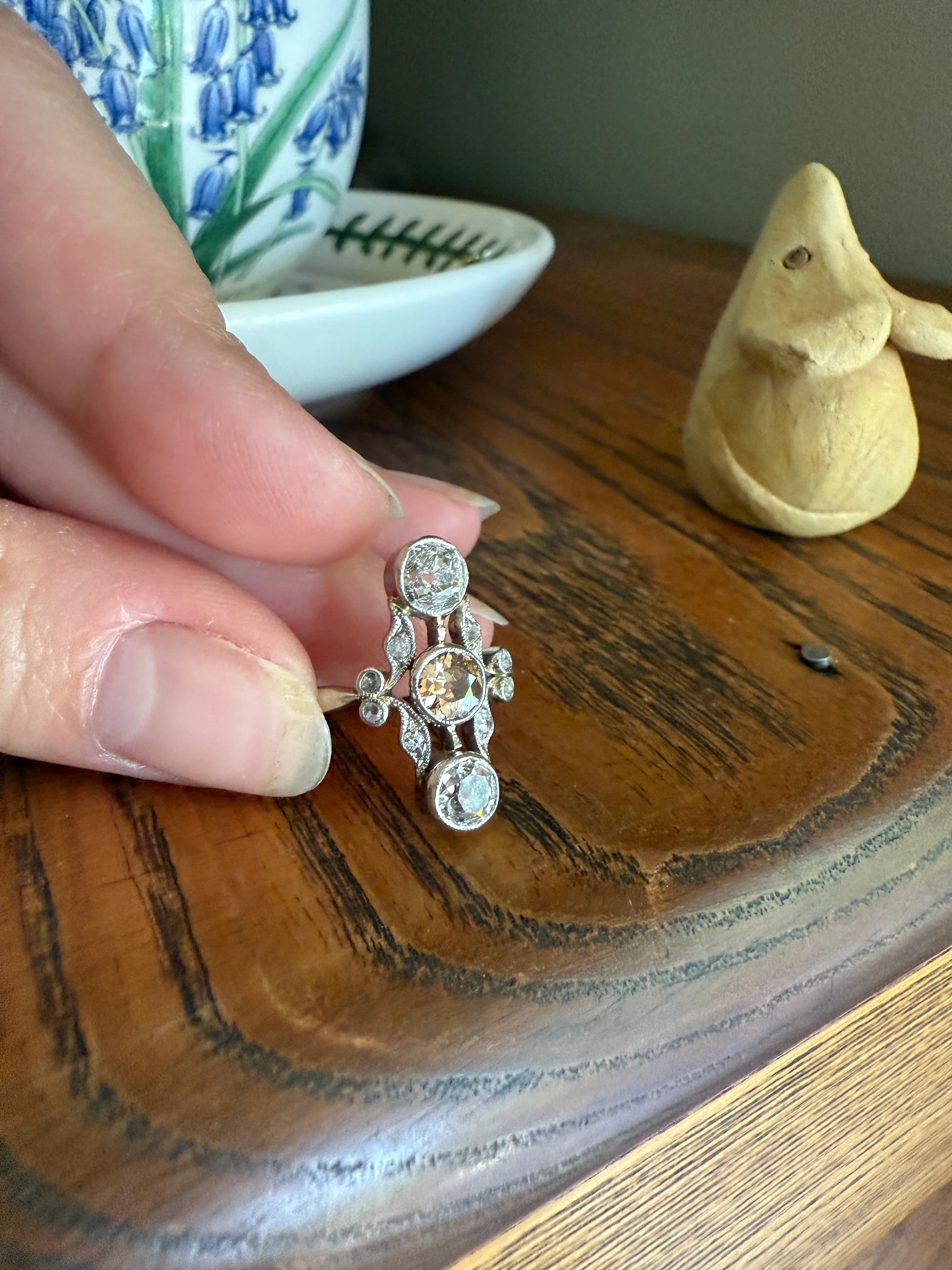ORNATE Belle Epoque Antique 1.6 Carat Tdw Champagne Fancy Light Brown & White Three Stone Old Mine Cut Diamond Platinum Navette Ring Oval Victorian French - Image 14