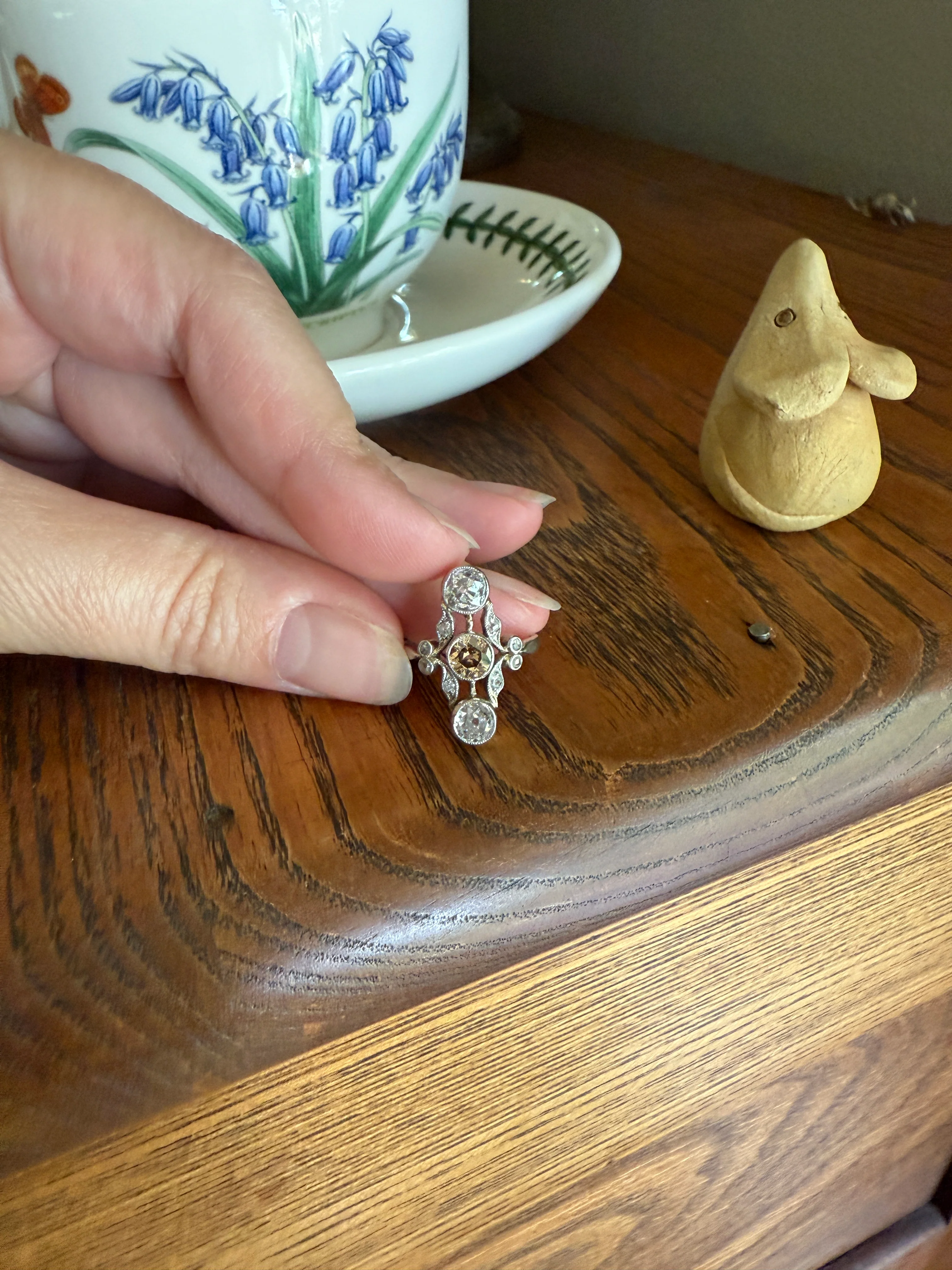 ORNATE Belle Epoque Antique 1.6 Carat Tdw Champagne Fancy Light Brown & White Three Stone Old Mine Cut Diamond Platinum Navette Ring Oval Victorian French - Image 15