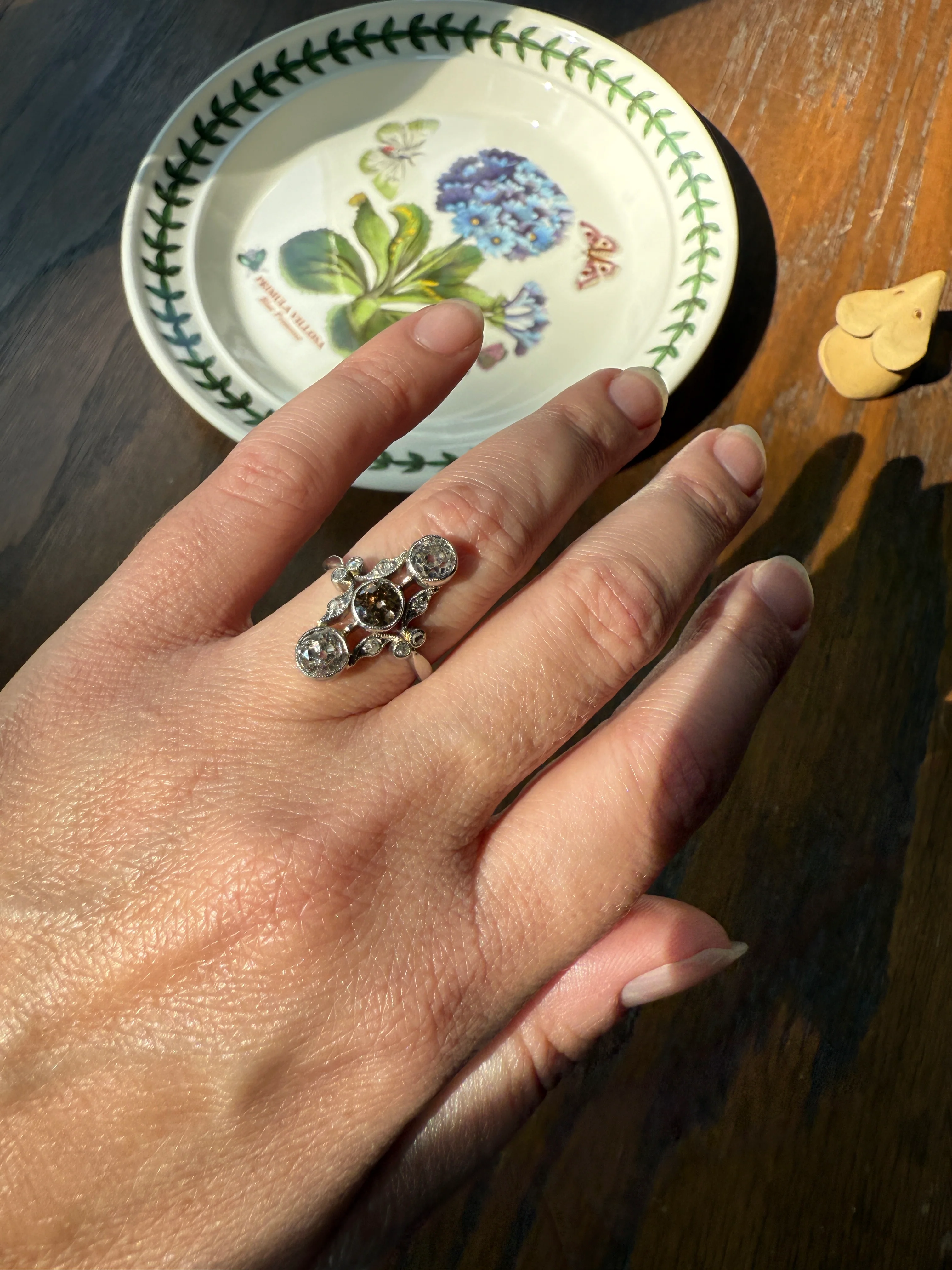 ORNATE Belle Epoque Antique 1.6 Carat Tdw Champagne Fancy Light Brown & White Three Stone Old Mine Cut Diamond Platinum Navette Ring Oval Victorian French - Image 16