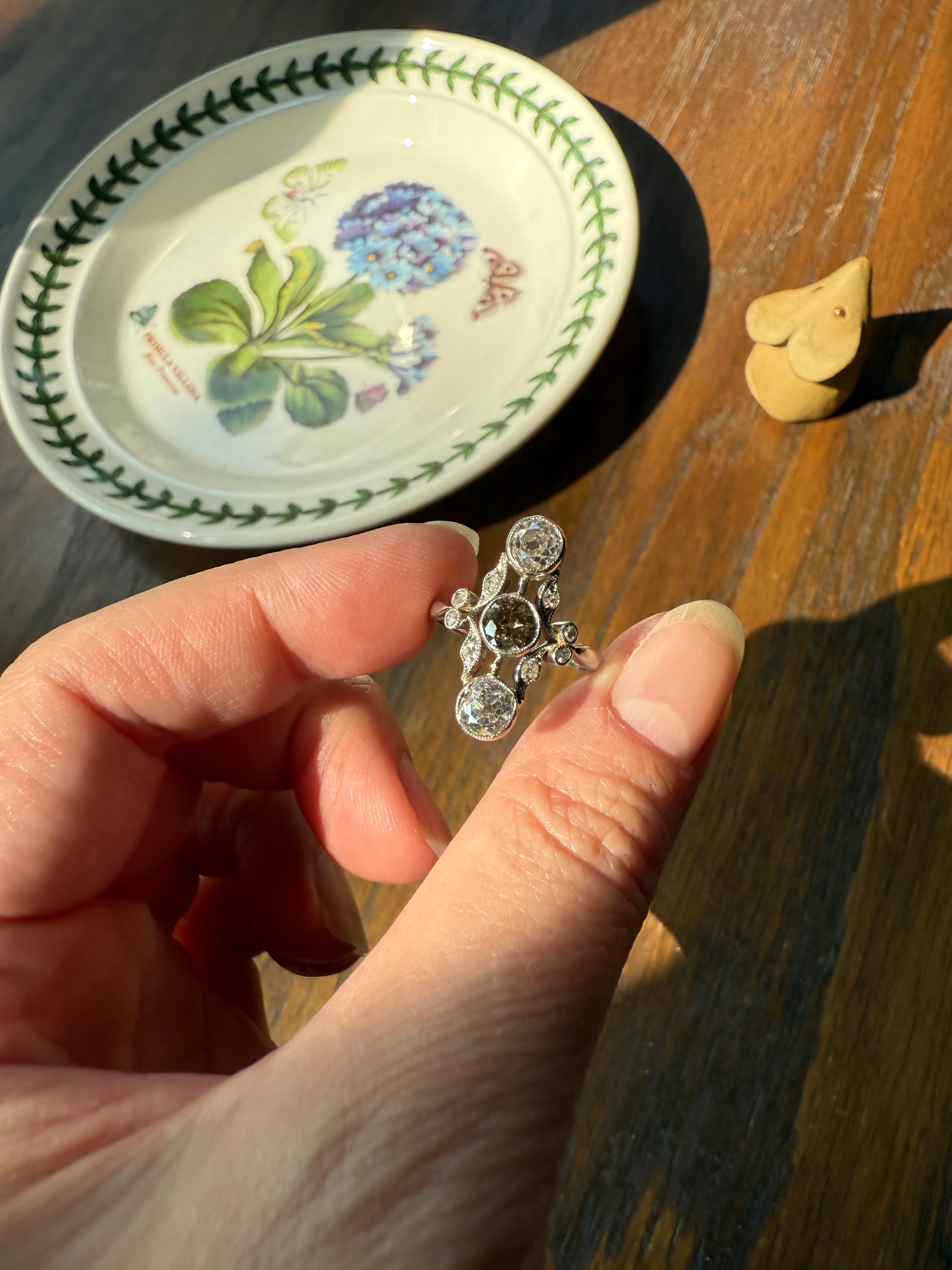 ORNATE Belle Epoque Antique 1.6 Carat Tdw Champagne Fancy Light Brown & White Three Stone Old Mine Cut Diamond Platinum Navette Ring Oval Victorian French - Image 18